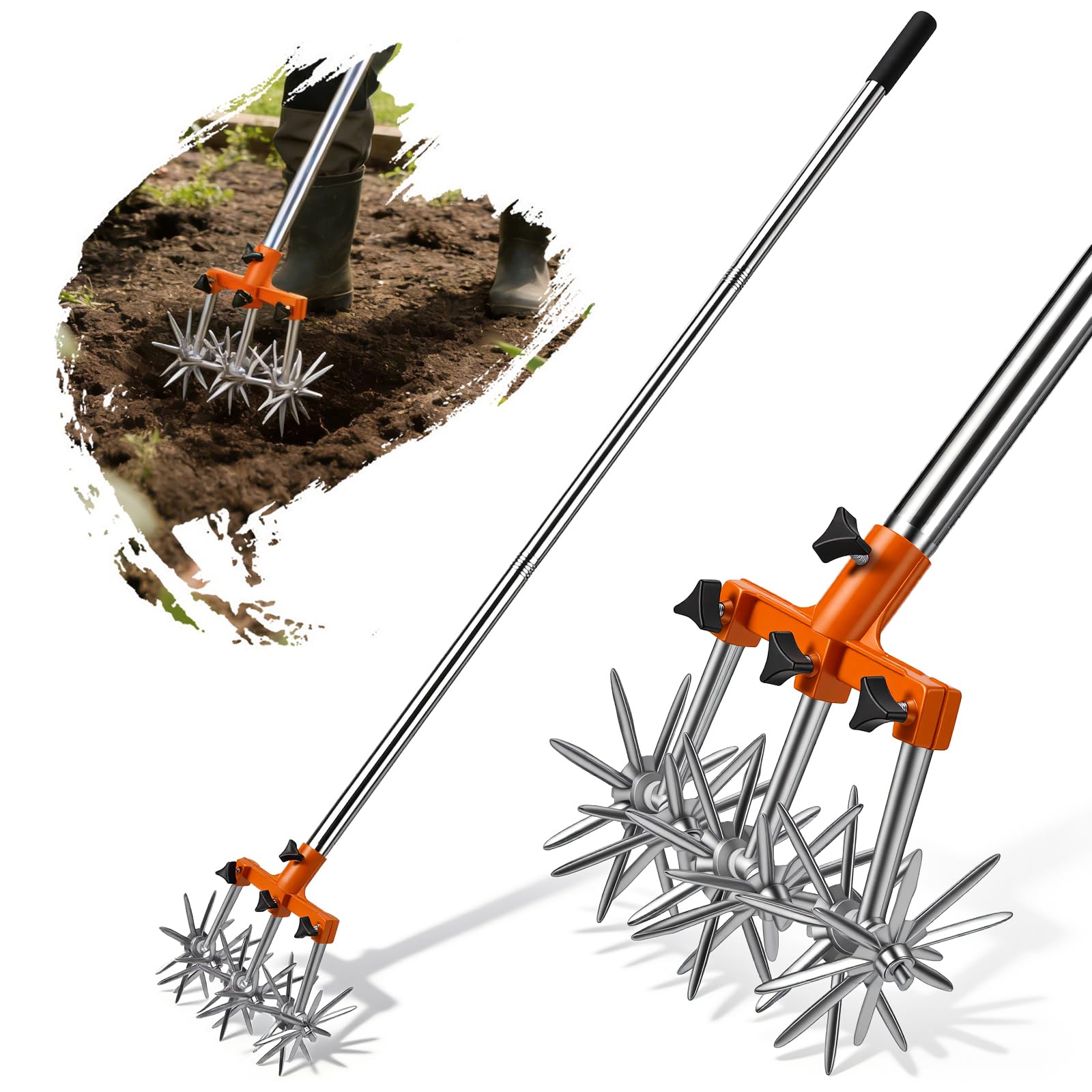 Rotary Cultivator Garden Tool, Adjustable Hand Tillers for Gardening & Lawn Care with Rustproof Aluminum Blades, Telescopic Labor-saving Handle, Lightweight Soil Aerator & Grass Reseeder