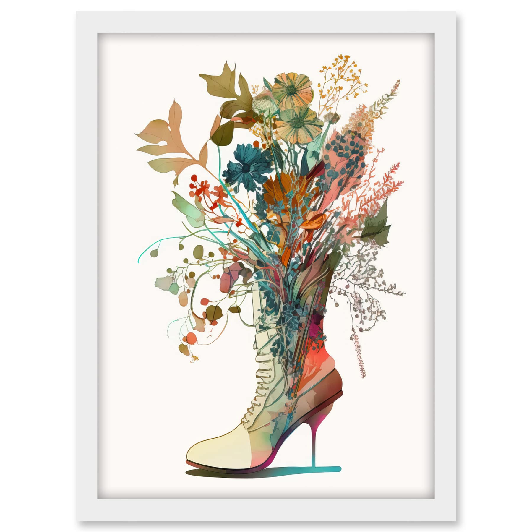 Artery8 Wildflower Bouquet in a Stiletto Heel Combat Boot Artwork Framed A3 Wall Art Print