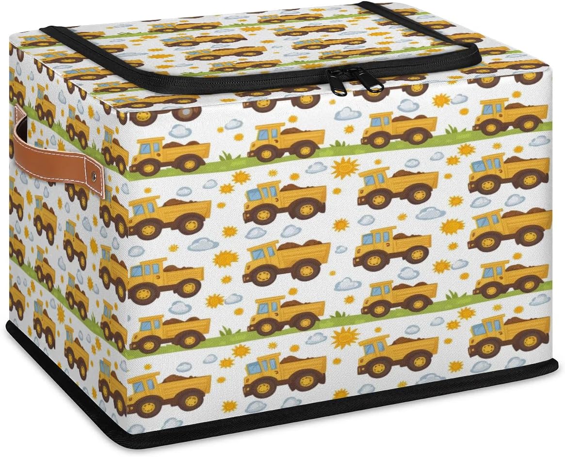 Cute Cartoon Trucks Storage Box with Lid and Handles Foldable Cloth Storage Basket Bin Bags for Shelves Closet Shelf Toys Clothes Bed Sheets Organizer 2 Pack
