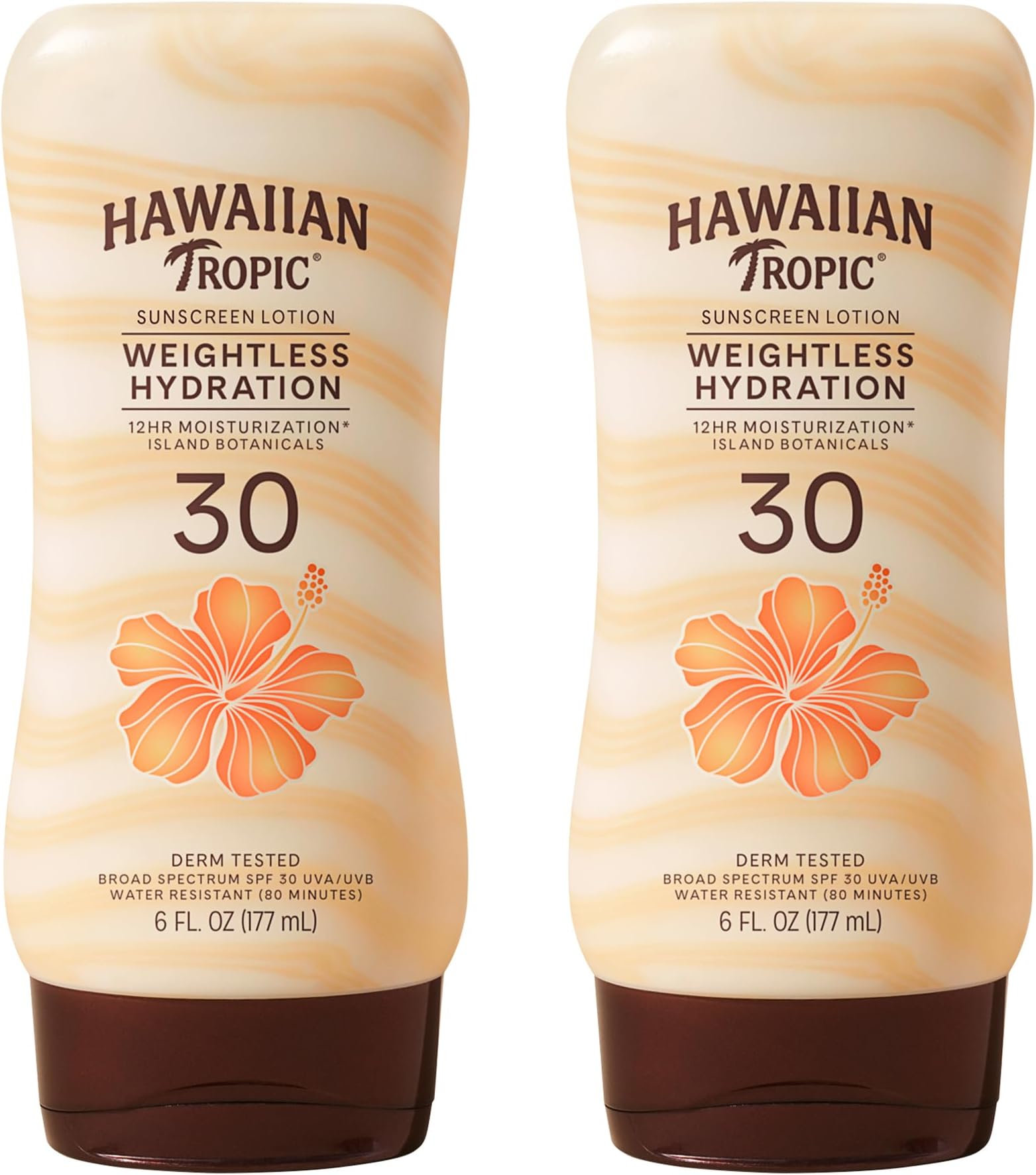 Weightless Hydration Lotion Sunscreen SPF 30, 6 Fl Oz Twin Pack, Oil Free Sunscreen, Hawaiian Tropic Sunscreen SPF 30, Oxybenzone Free Sunscreen, Body Sunscreen Pack, 6 Fl Oz each