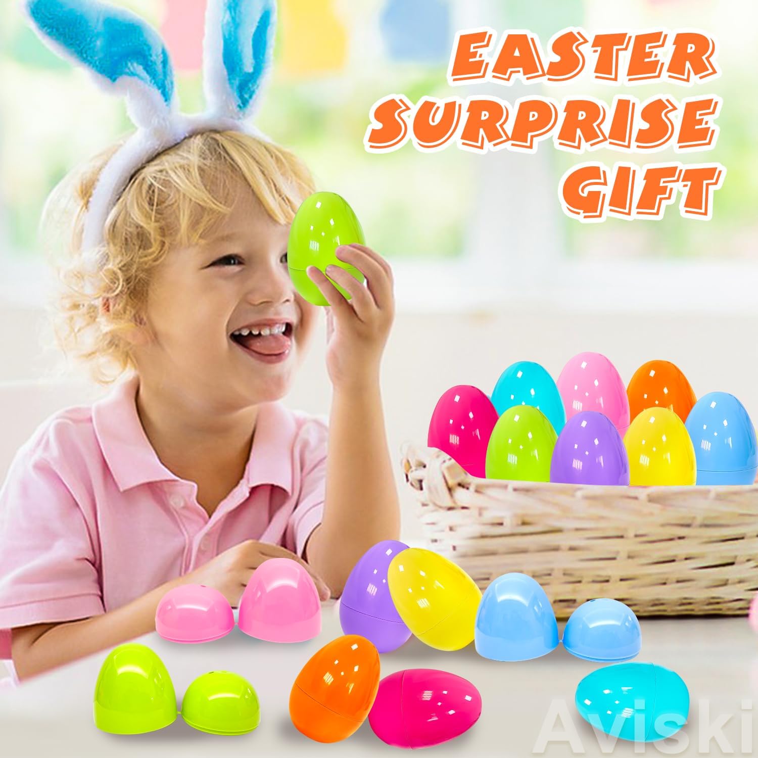 Aviski 72Pcs 2.36inch Colorful Easter Plastic Eggs for Kids Egg Hunt Basket Bag Empty Stuffers Fillers with 1pc Cute Non Woven Bags, Toys Filling Treats and Easter Theme Party Supplies Favor