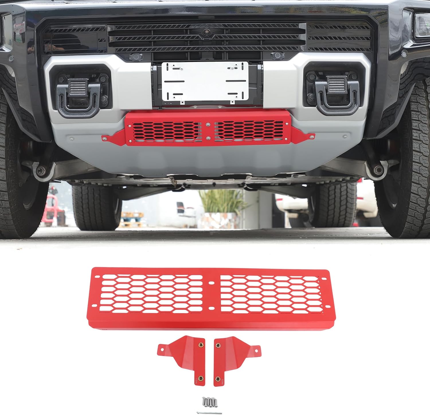 Front Bumper Grille for Hummer EV SUV/SUT Accessories Red Carbon Steel Front Bumper Cover Lower Guards Trim Panel Grill Air Intake Protector Accessories 1 Piece Mesh Style Lower Grille Trim