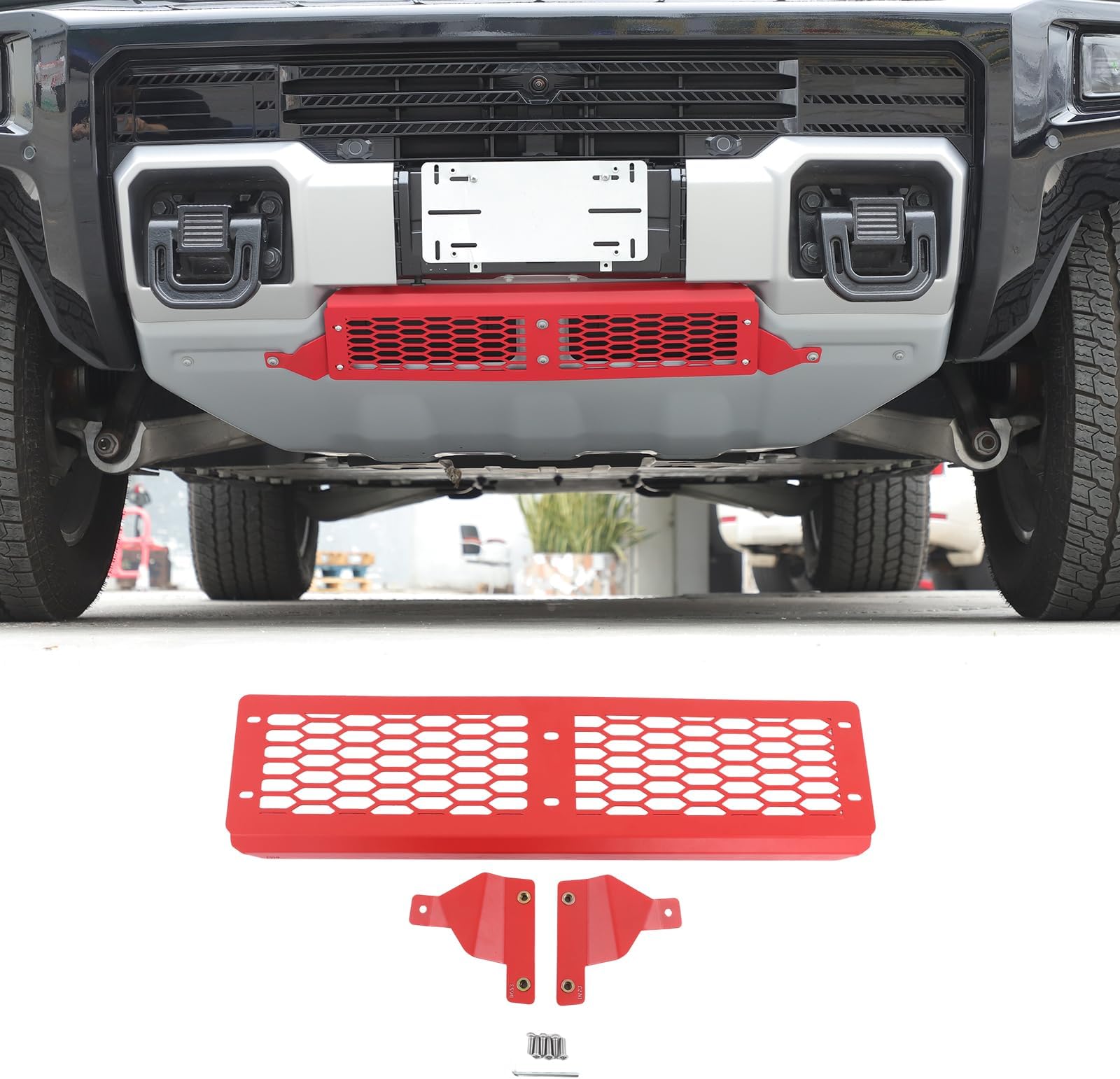 Front Bumper Grille for Hummer EV SUV/SUT Accessories Red Carbon Steel Front Bumper Cover Lower Guards Trim Panel Grill Air Intake Protector Accessories 1 Piece Mesh Style Lower Grille Trim