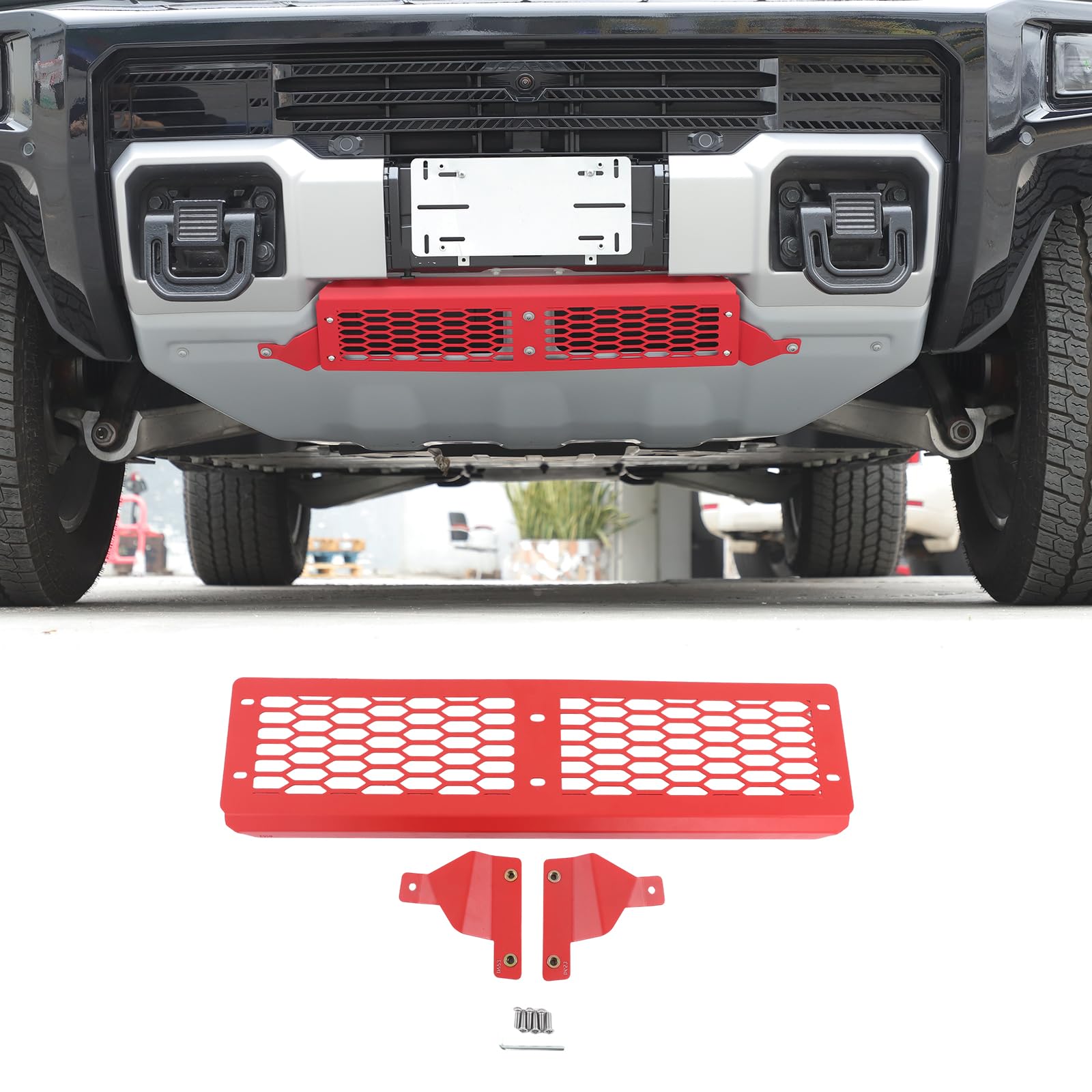 Front Bumper Grille for Hummer EV SUV/SUT Accessories Red Carbon Steel Front Bumper Cover Lower Guards Trim Panel Grill Air Intake Protector Accessories 1 Piece Mesh Style Lower Grille Trim