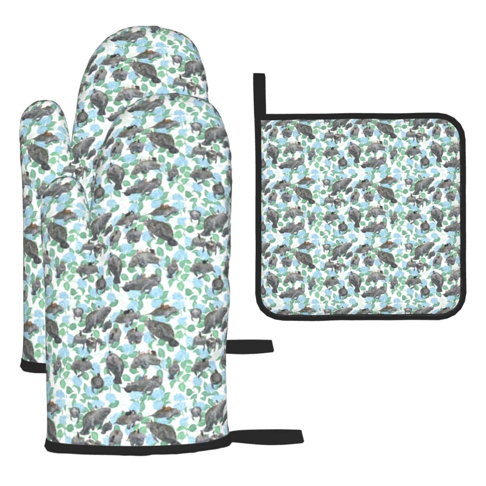 Rabbits Manatees Print Oven Kitchen Gloves For Baking Outdoor Grilling Home Use Mitts Microwaving Bbq