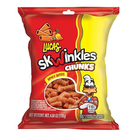 Lucas Skwinkles Sweet & Sour Candy Chunk Mango Flavored with Tamarind Filling, 1 Bag of 4.586oz, Perfect for Snacks, Parties Sweet & Sour Summer Treats