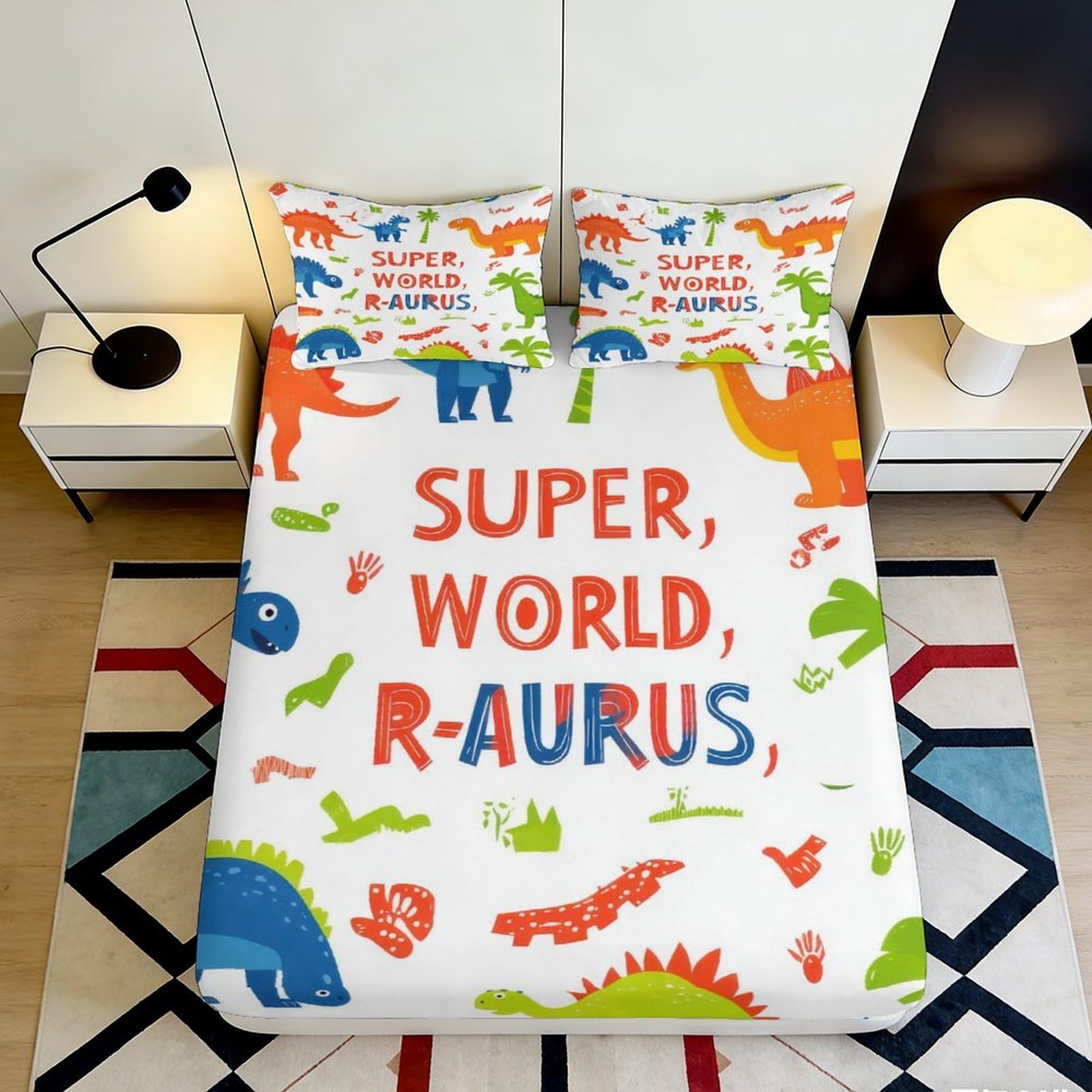 3D Printed Dinosaur Cartoon Fitted Sheet Microfiber Soft Colorful Animal Bed Cover for Bedroom Kids Guestroom Decor 90x200x25cm