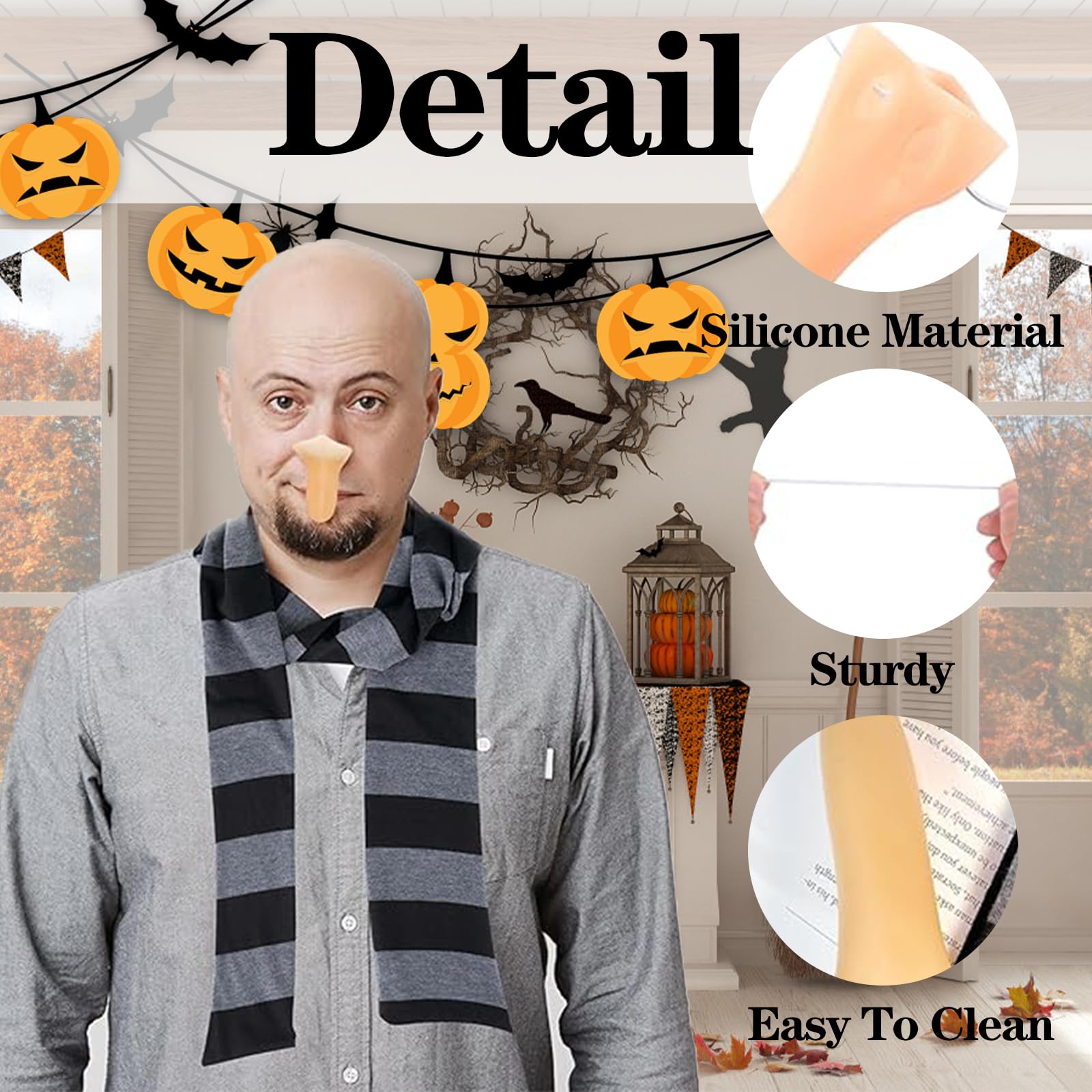 WKPBJX Bald Cap, Gru Costume, Halloween Costume Accessories Scarf False Scalp Bald Cap Long Nose Hair Nets Gloves - Image 4
