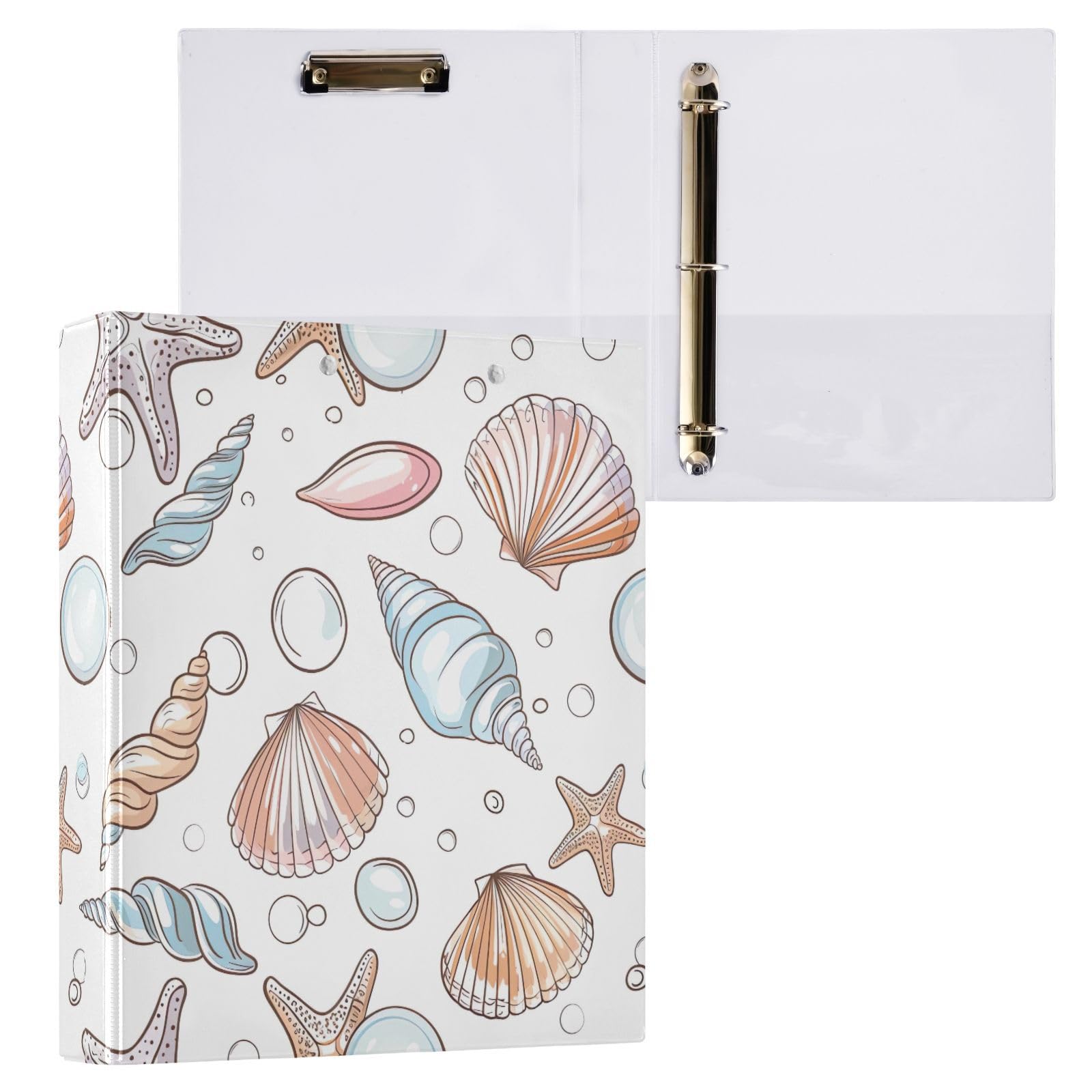Raccoglitori a 3 anelli, 3,8 cm, motivo conchiglie in stile cartone animato, con clip in metallo, organizer per casa e ufficio, confezione da 2