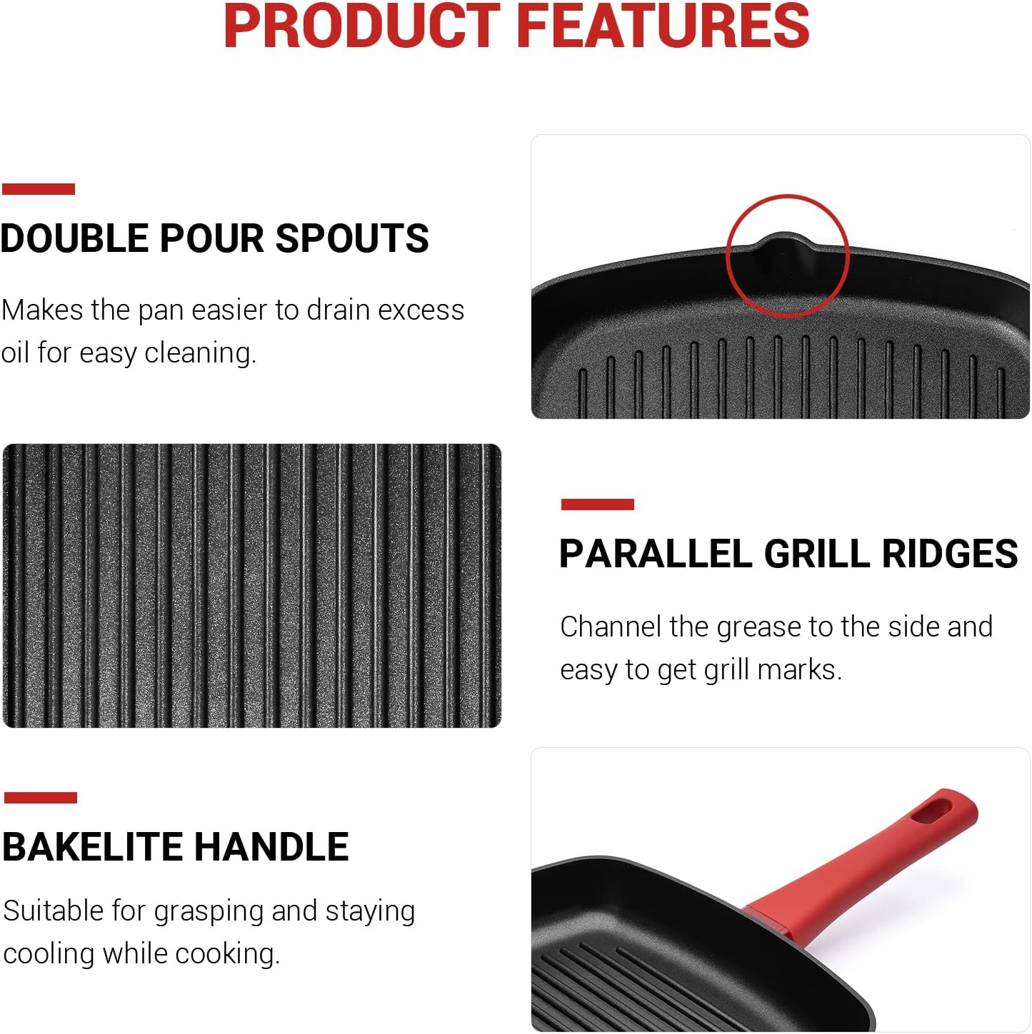 Sakuchi 11 Inch Grill Pan for Stove Tops Nonstick Induction Pan Square Steak Bacon Pan, Red: Home & Kitchen