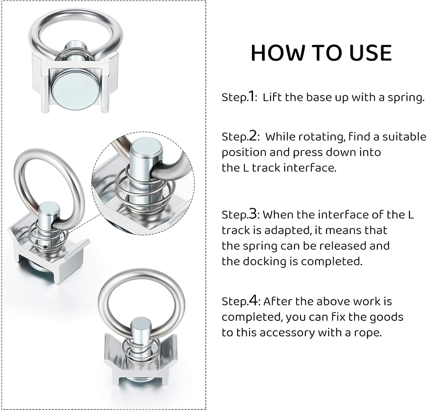 Hotop Single Stud Fitting L Track 4, 000lb Capacity with Stainless Steel Round Ring Aluminum Keeper Cargo Control for Airline Track Logistic Installation(10 Pcs)
