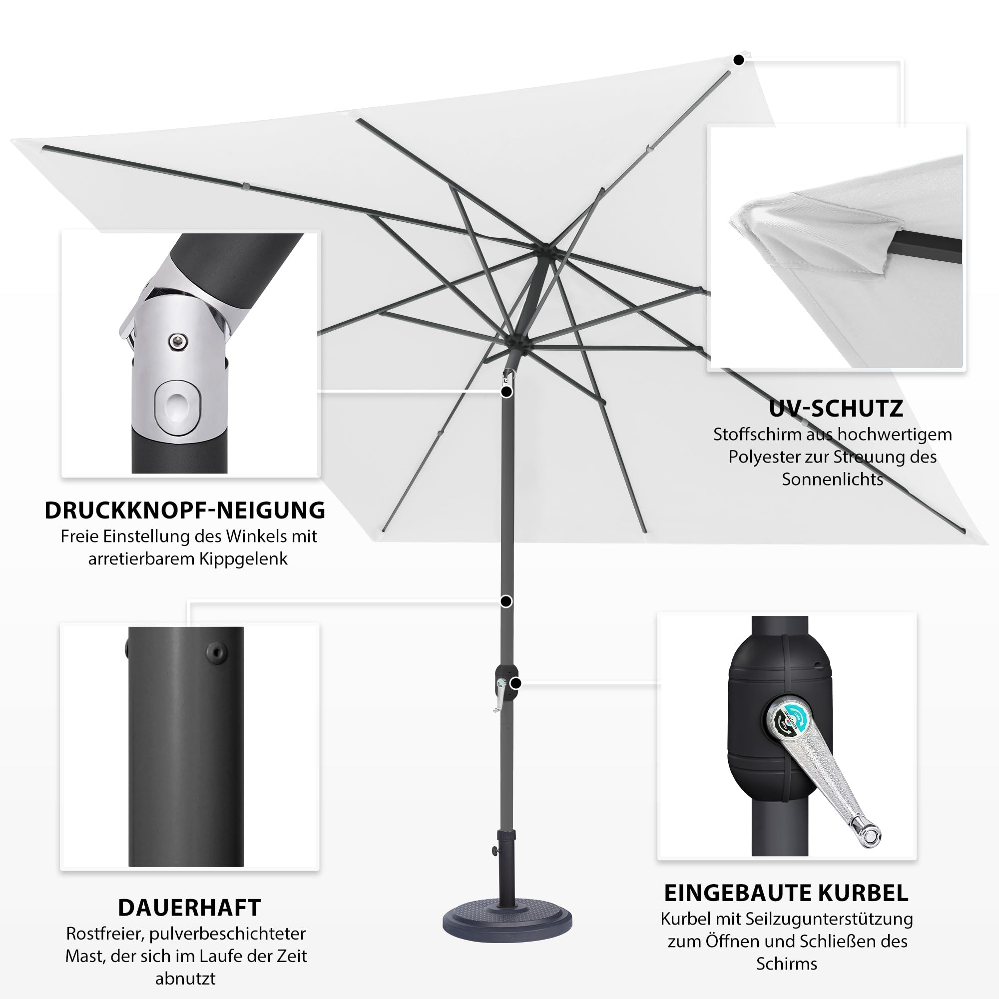 paramondo Interpara Parasol Pour Jardin Balcon Et Terrasse, Pliable, Avec Manivelle, Carré 3 x 3m / Blanc/Armature (Anthracite)