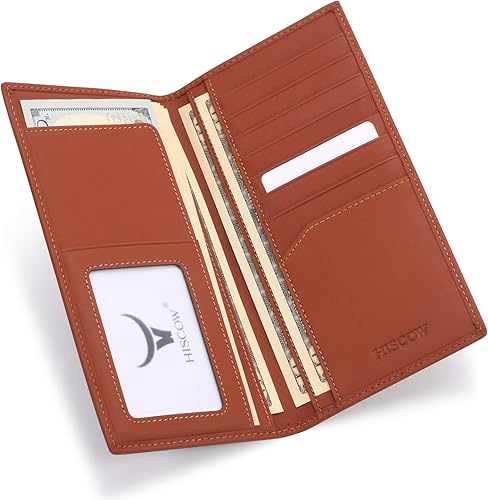 Miniatura 3 de HISCOW Cartera larga de cuero delgada para hombres y mujeres, piel de becerro italiana, cartera de bolsillo en el pecho para chequera, tarjetas de