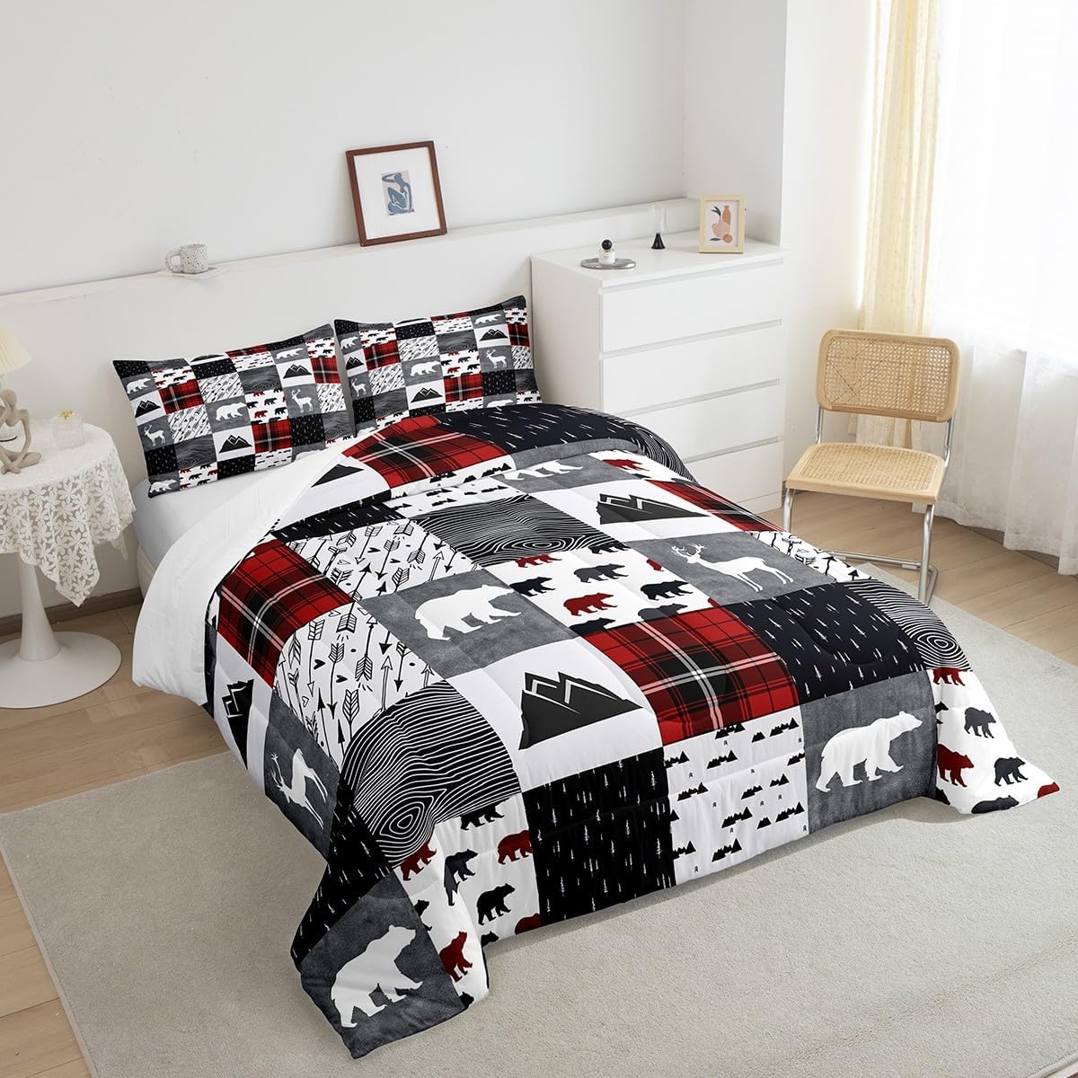Castle Fairy Hunting Plaid Comforter Set Queen Size,Deer Antler Bear Wild Animals Arrow Rustic Bedding Set for Women Adult,Red Grid Farmhouse Style Luxury Bed Duvet Insert, 2 Pillowcases