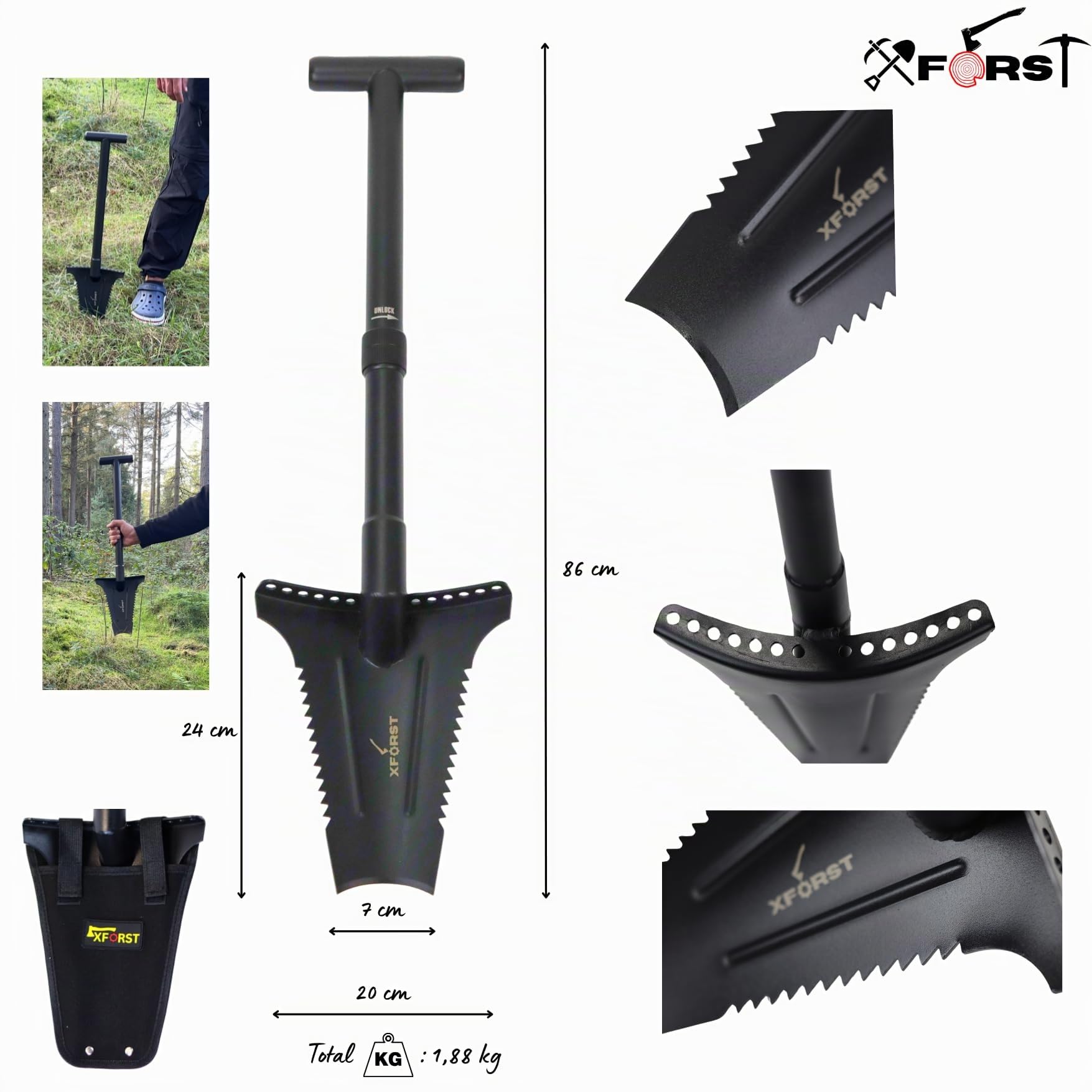 Xforst X-SZ2 - Pala de Acero al Carbono, 86 cm, 1,88 kg, Hoja Trapezoidal con Borde Afilado, Ideal para jardinería, extracción de raíces, Detector de Metales, Borde Reforzado