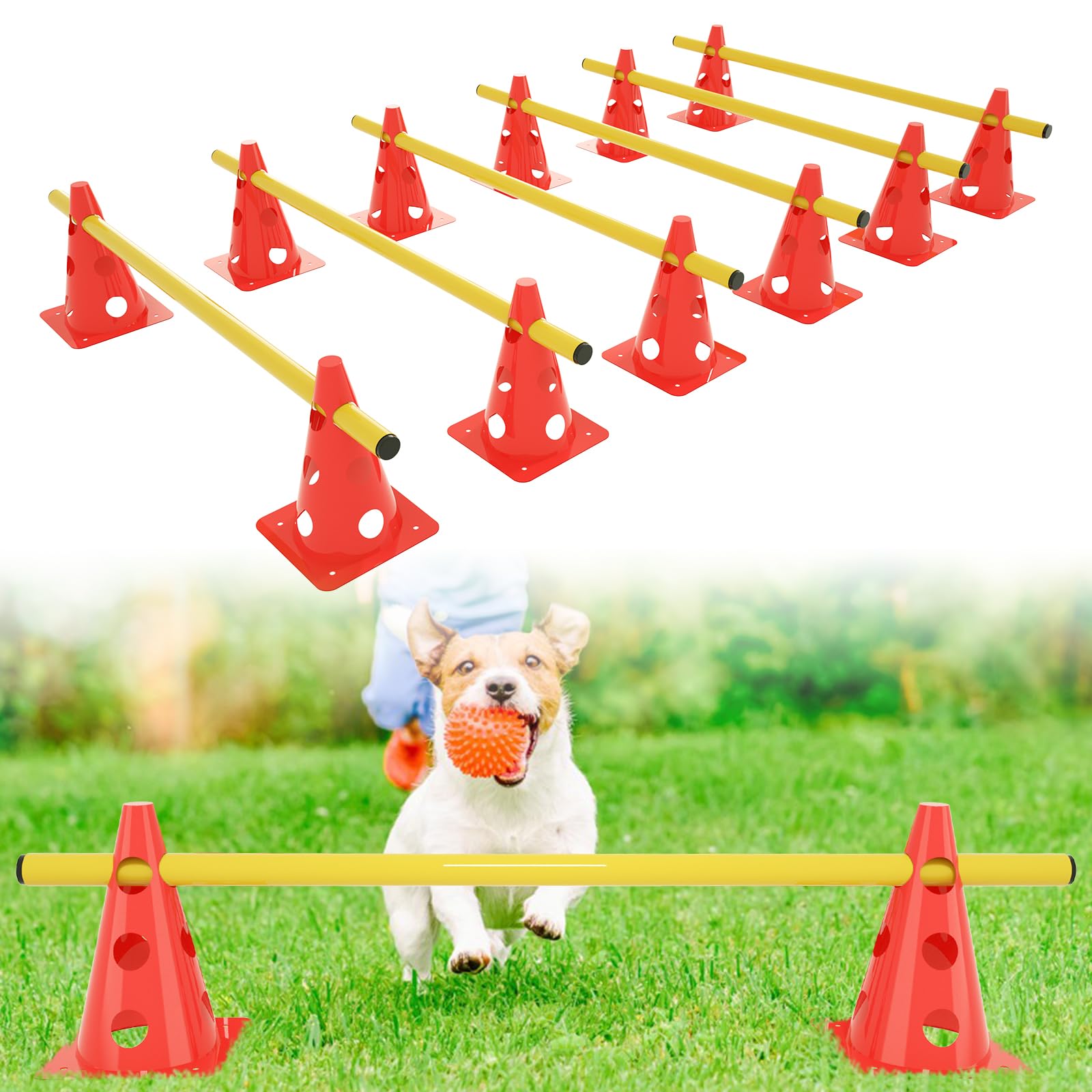 Sports, zestaw 6 płotek do treningu koordynacyjnego, zestaw wyposażenia Agility z 12 wielofunkcyjnymi stożkami i 6 drążkami treningowymi, zestaw akcesoriów treningowych dla psów, z regulacją