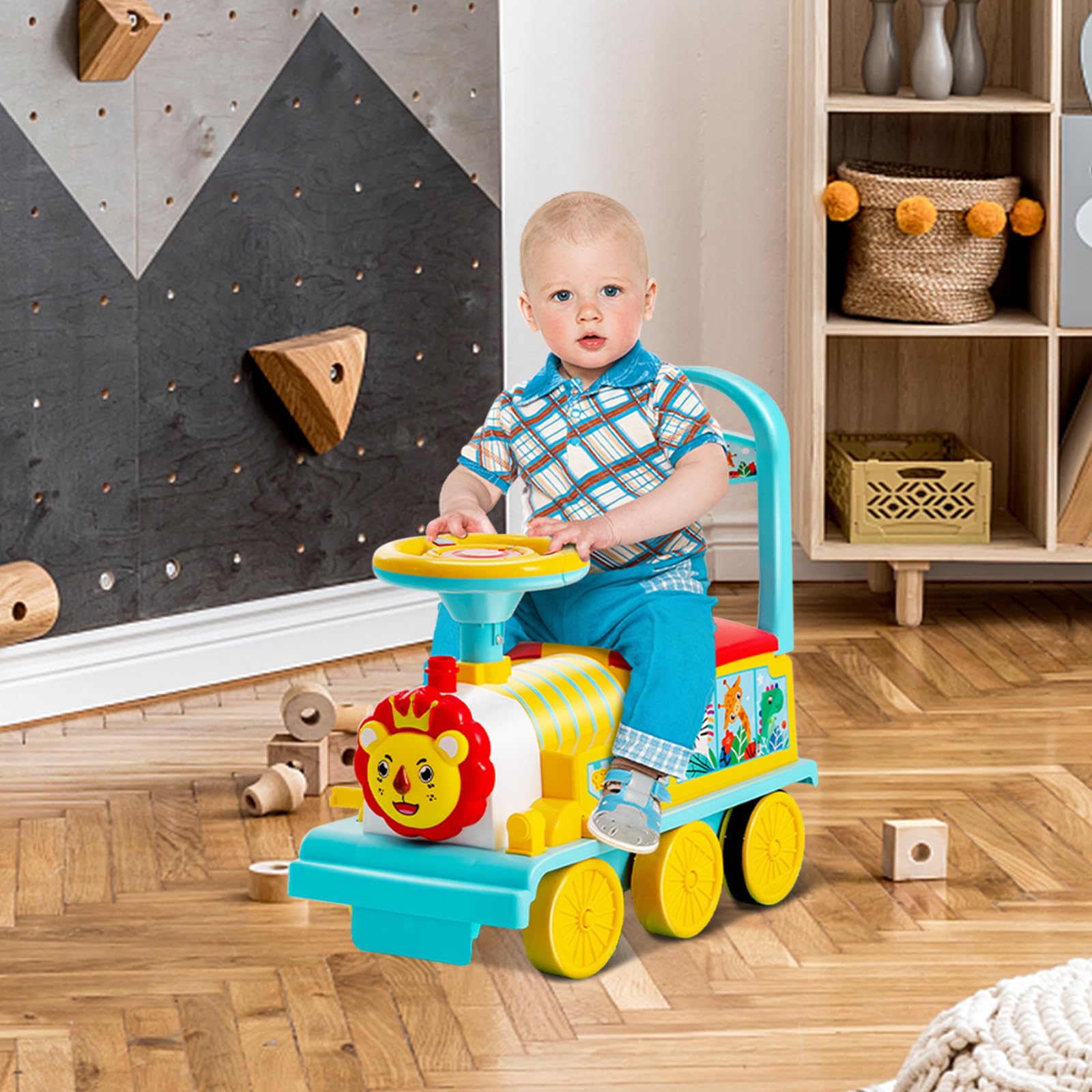 RELAX4LIFE 2 in 1 Macchina Elettrica per Bambini e Trenino Elettrico per Bambini con 16 Pezzi di Binari, Musica, Luci, Pedali Retrattili, 2 Anni+ (BLU 3)