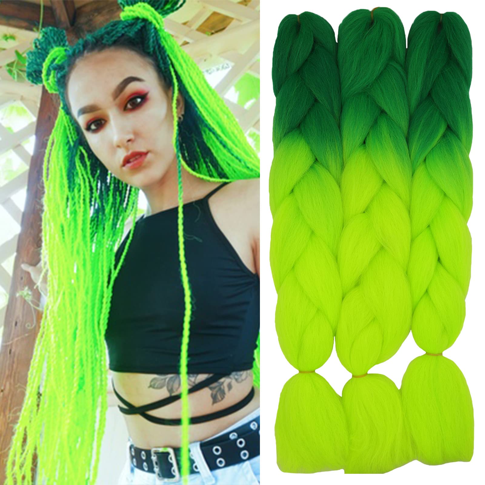 Cybelleza 60cm Extensiones de Pelo Sintético para Trenzas Africanas 3PCS Ombre Jumbo Braiding Crochet Twist Kanekalon Extensiones de Trenzado de Cabello 300g Postizas (Verde Oscuro & Amarillo Verde)