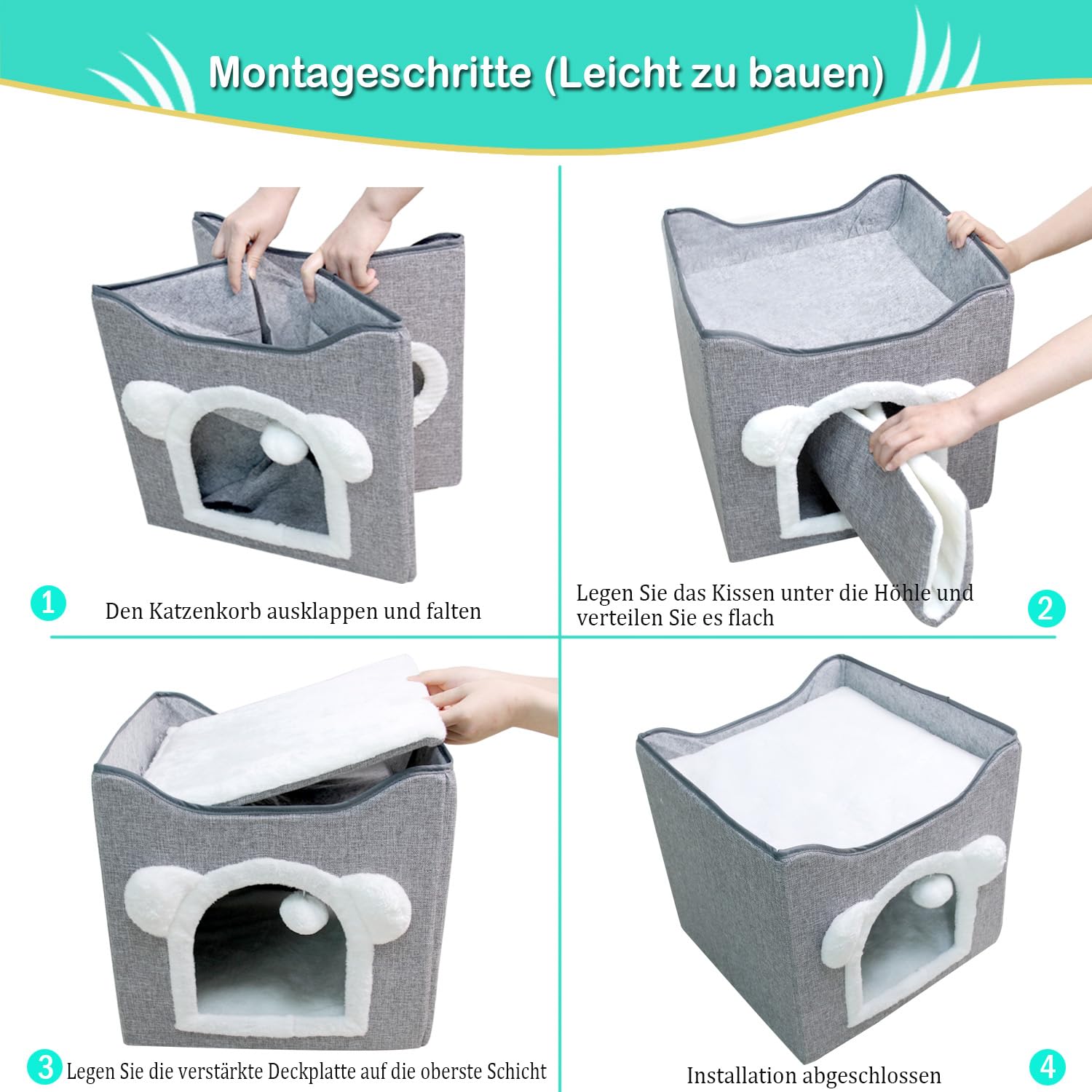 Faltbares Katzenhaus KatzenhöhleIndoor, schönHaus für Katzen mit Terrasse, Katzenhöhle 2 Schicht, mit Kratzbrett und Spielball, katzenbett für 2 Katzen, 42 x 40 x 39 cm, Grau