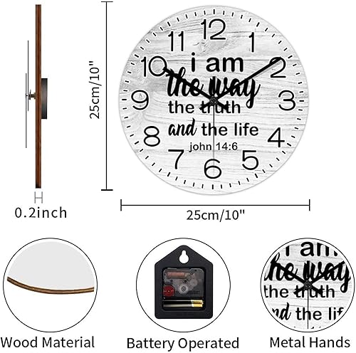Miniatura 3 de Reloj de pared de madera con texto en inglés "I Am The Way The Way The Truth and The Life" con versículo bíblico John 146, relojes colgantes con
