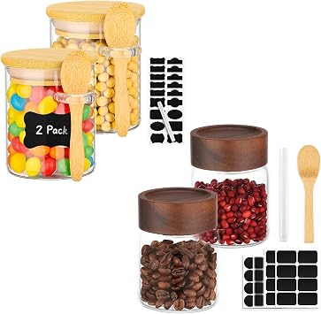 Round Glass Jars, 2 Pack 6oz Glass Jars with Bamboo Lids and Spoons, 2 Pack 5oz Mason Canister with Wooden Screw Lid, Pantry Storage Containers for Sugar, Coffee, Spice, Tea