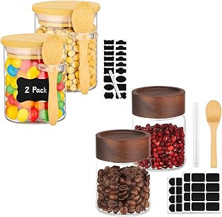 Round Glass Jars, 2 Pack 6oz Glass Jars with Bamboo Lids and Spoons, 2 Pack 5oz Mason Canister with Wooden Screw Lid, Pantry Storage Containers for Sugar, Coffee, Spice, Tea