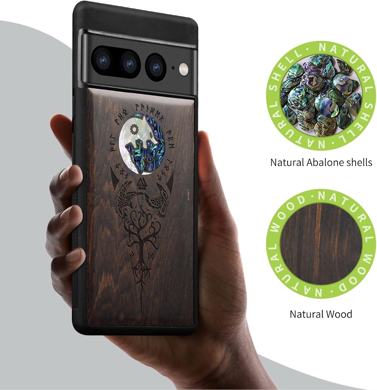 Carveit Designer Wooden Case for Google Pixel 7 Pro Case [Wood Engraving & Shell Inlay] Unique Wood Cover Compatible with Wireless Chargers Pixel 7 Pro (Yin Yang Wolf-Blackwood)