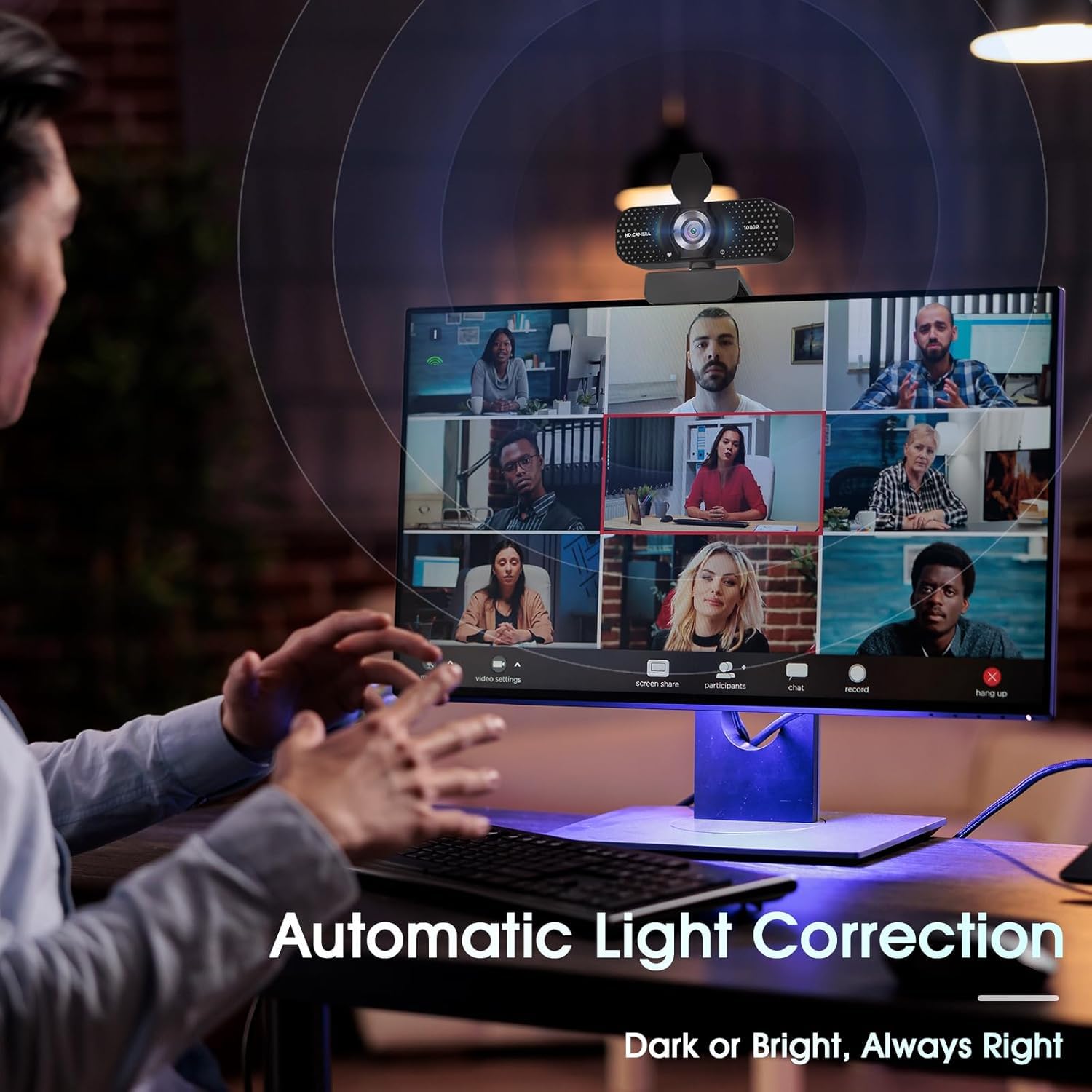 TRAUSI Webcam HD 1080P con microfono, cancellazione del rumore, copertura della privacy, obiettivo grandangolare, correzione automatica della luce, webcam USB Plug & Play per laptop, desktop, PC, Mac