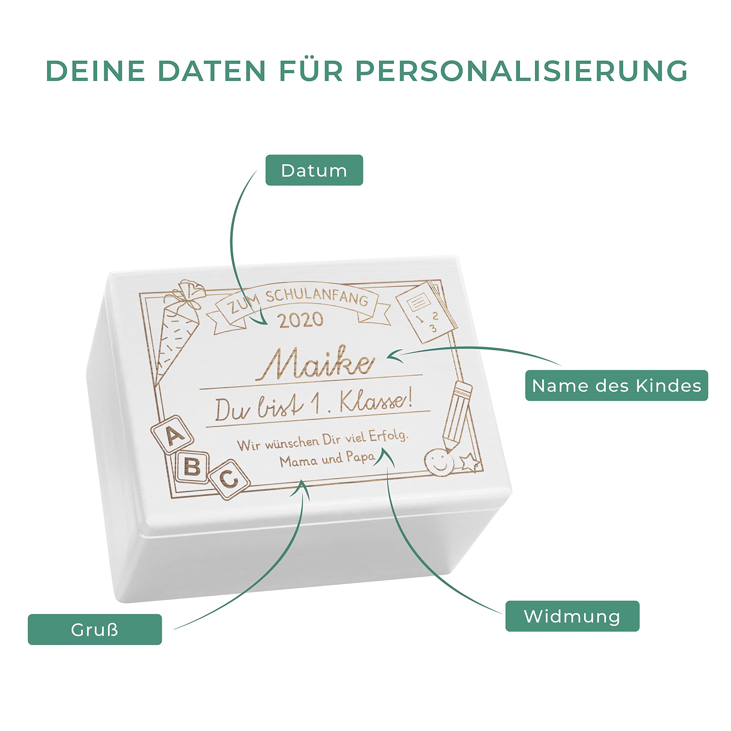 LAUBLUST Holzkiste mit Gravur - Personalisiert mit Datum | Name | WIDMUNG - Weiß, Größe XL - Schreibtafel Motiv - Geschenkkiste zur Einschulung, FSC®
