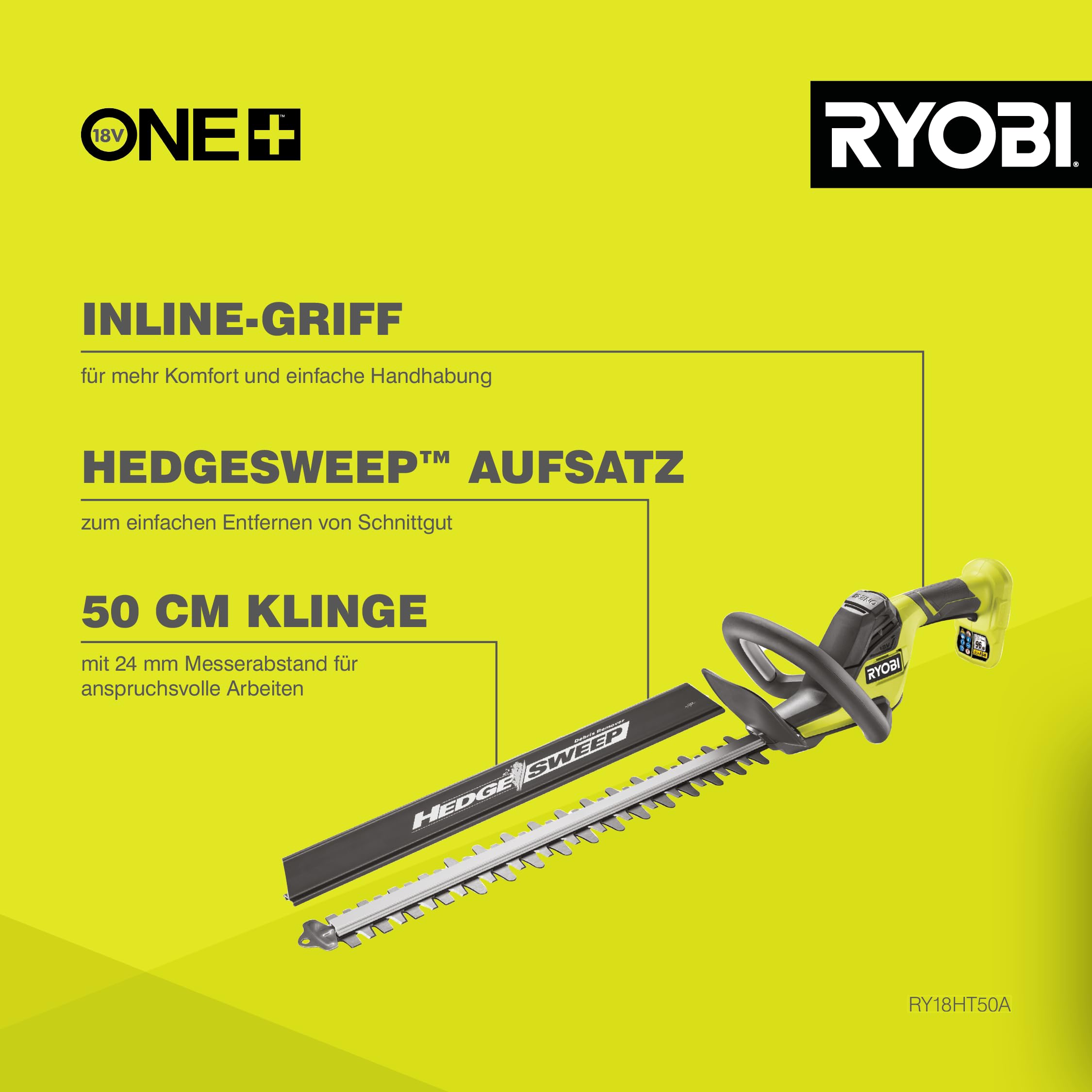 RYOBI 18 V ONE+ Akku-Heckenschere RY18HT50A-0 (Schnittgeschwindigkeit 1350 U/min, Messerlänge 50 cm, 24 mm Messerabstand, ohne Akku & Ladegerät im Karton)