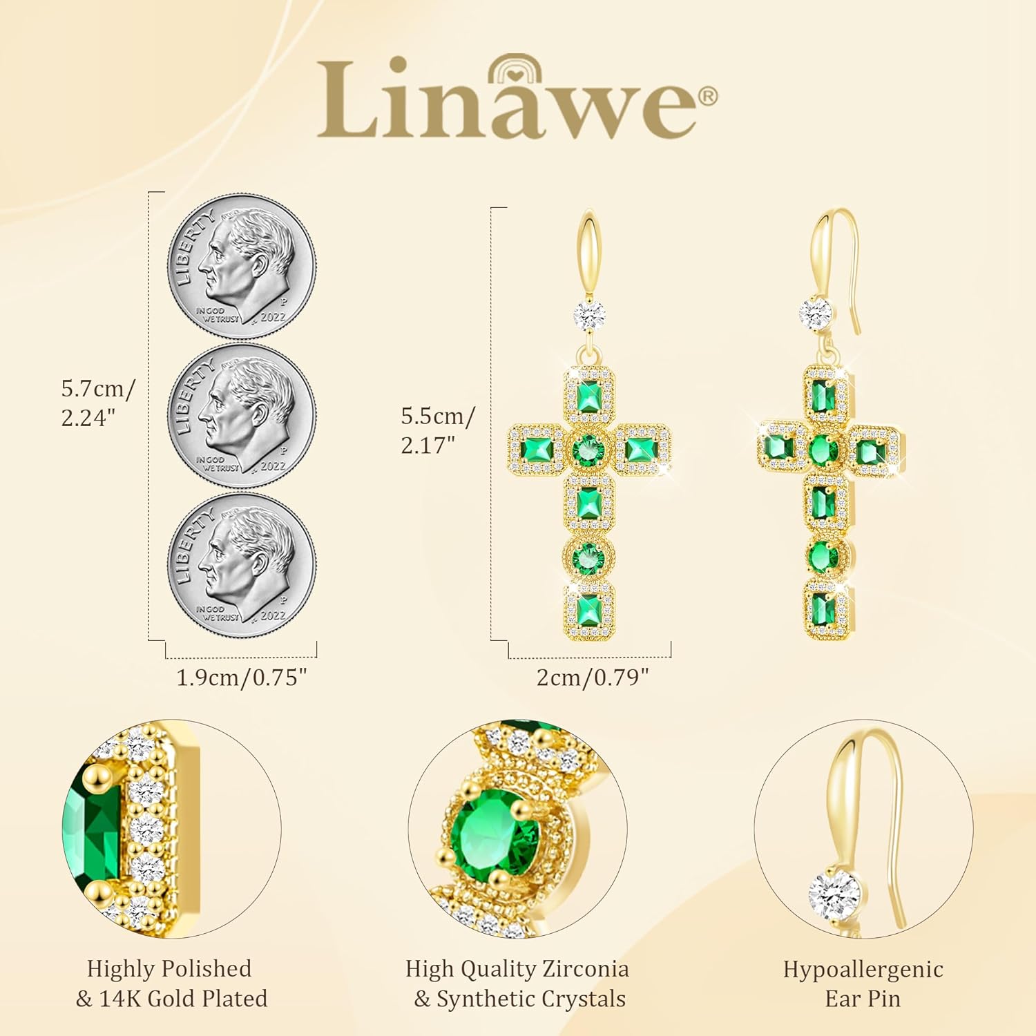 Linawe Cross Dangle Earrings for Women, Hypoallergenic Imitation Diamond Rhinestone Earrings, 14K Gold/Silver/Rose Gold Cubic Zirconia Cross Dangling Drop Earrings - Image 4
