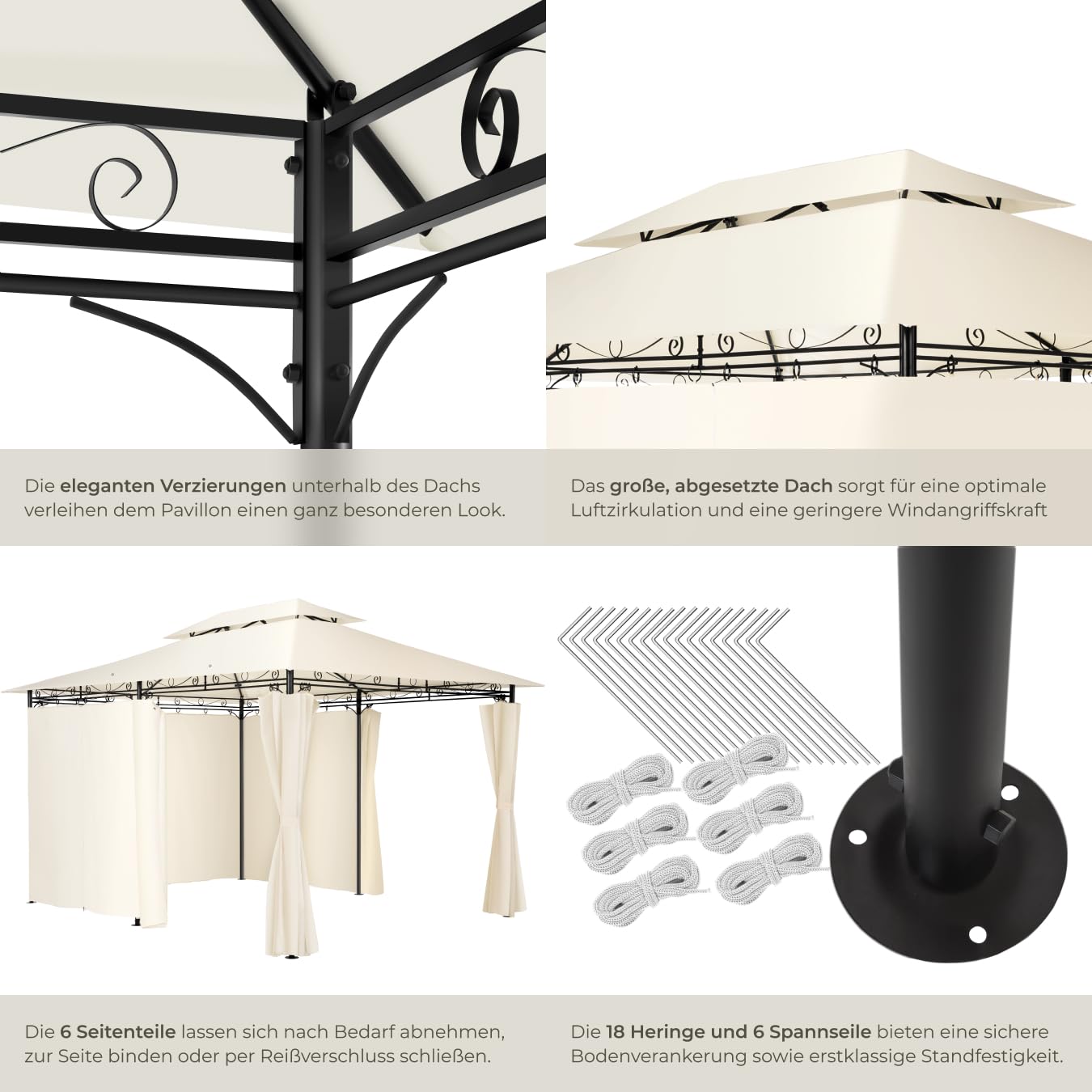 tectake® Luxus Pavillon 3x4, Gartenpavillon mit 6 Seitenteilen, wasserabweisend und UV-beständig, abgesetztes Dach, Pavillon inkl. Spannseile und Heringe, Partyzelt für Garten und Terrasse - Creme