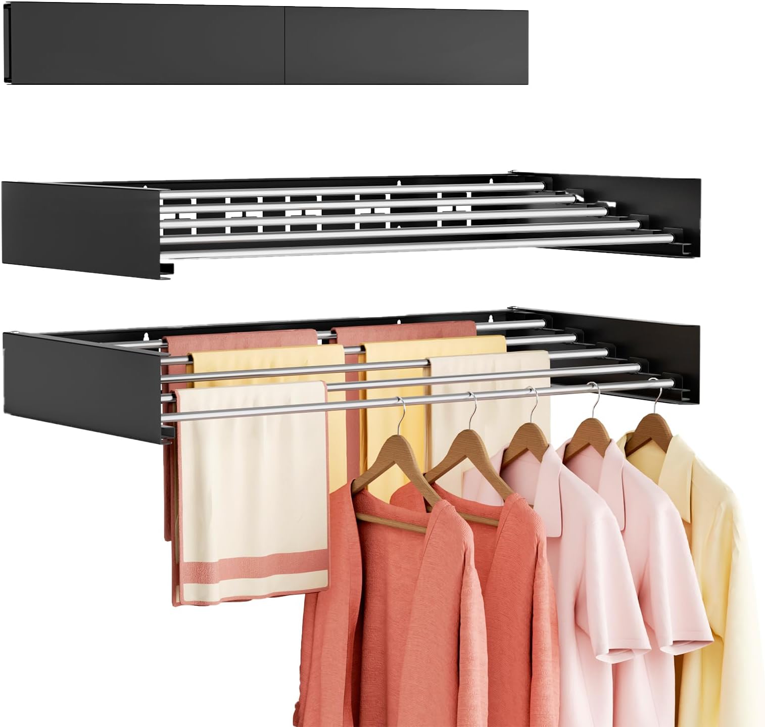 Wall Mounted Clothes Drying Rack Folding Indoor, Foldable Laundry Drying Rack Collapsible,Invisible, Space Saving, Retractable Towel Drying Rack, with Wall Template(6 Drying Rods, Black 40")