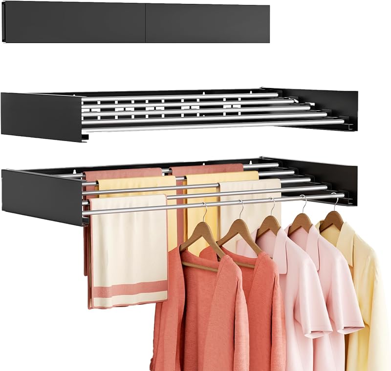 Tendedero de ropa montado en la pared plegable para interiores, plegable, invisible, ahorra espacio, retráctil para secar toallas, con plantilla de pared (6 varillas de secado, negro 40 pulgadas)