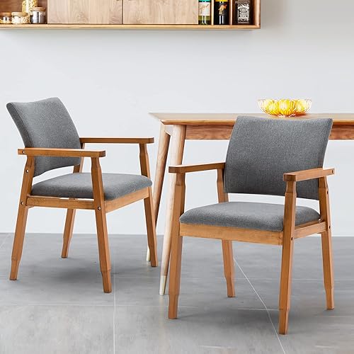 Miniatura 14 de thksbought Sillas de comedor de nogal moderno de mediados de siglo con brazos de madera en color beige, tela para cocina, café, sala de estar,