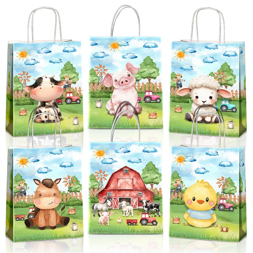 JOYGATHER 24 Pcs Farm Animals Party Favors Bags with Handles, Cute Goodie Gift Candy Treat Kraft Paper Bags with 6 Different Types for Birthday Baby
