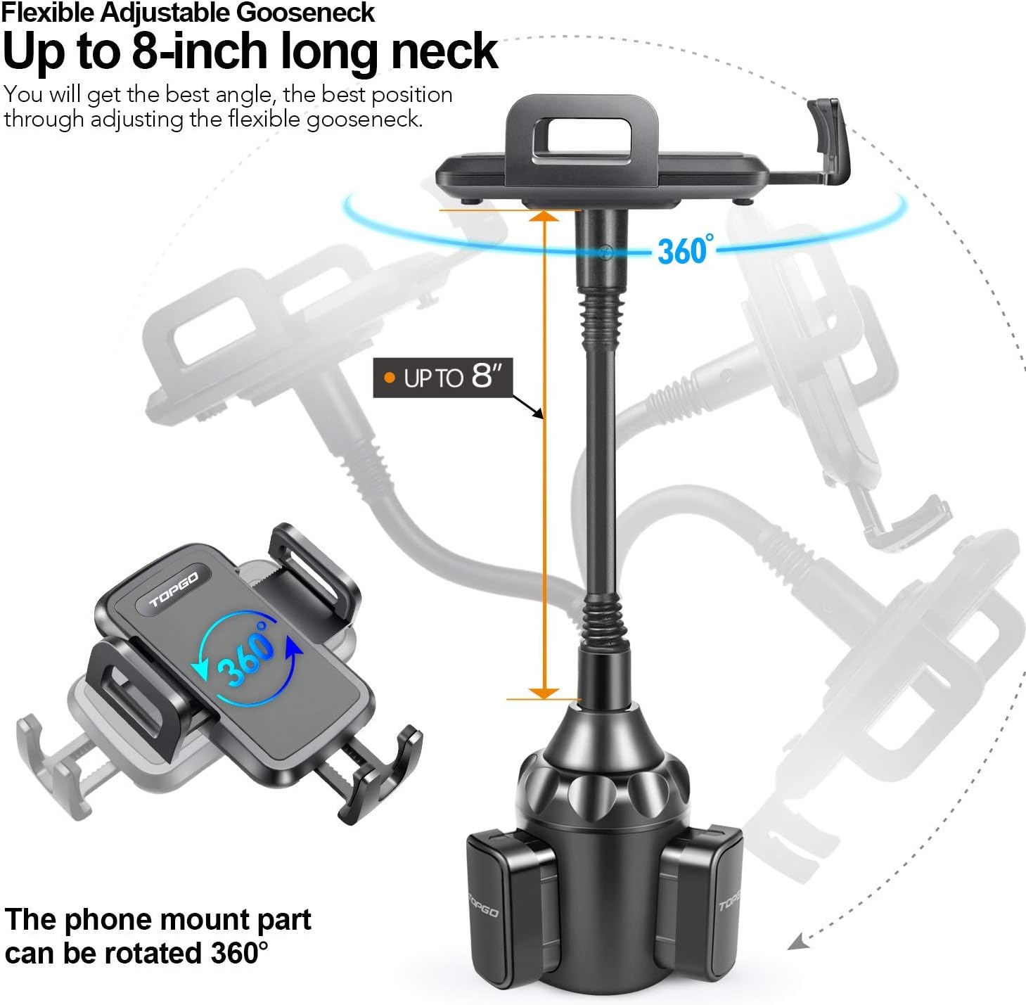 TOPGO Cup Holder Phone Holder, [Upgraded Adjustable Gooseneck & Firmly Stable] Cup Holder Phone Mount for Car, Cell Phone Automobile Cradles for iPhone 13, Samsung and More Smartphone(Black) : Cell Phones & Accessories