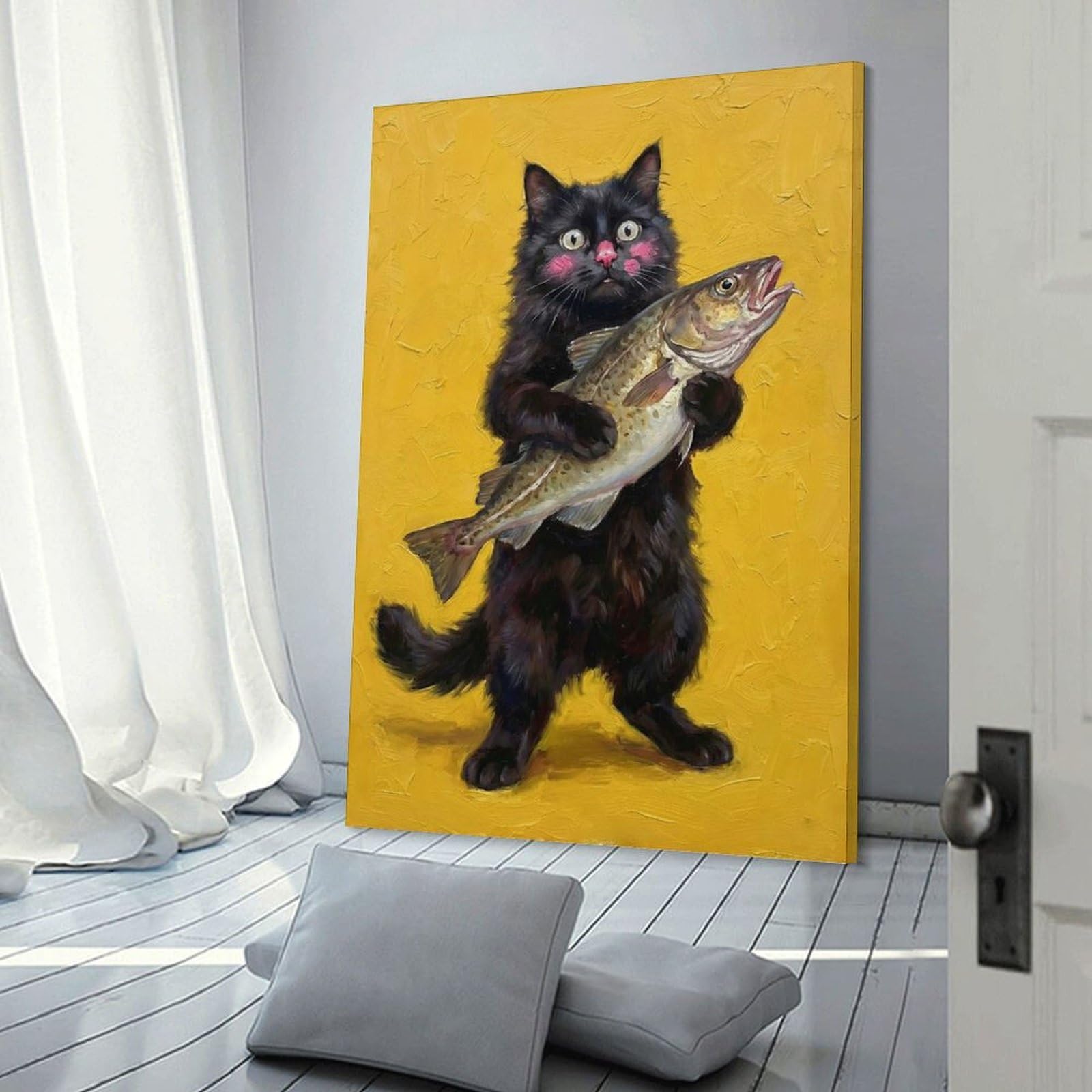 Junmoney Frame-Style-3 Black Cat Holding A Fish Room Decor Wall Art 08X12inch(20X30cm), For Lounge Decor, Offices Or Entryway Styling, A Flexible Wall Accent For Shared Spaces