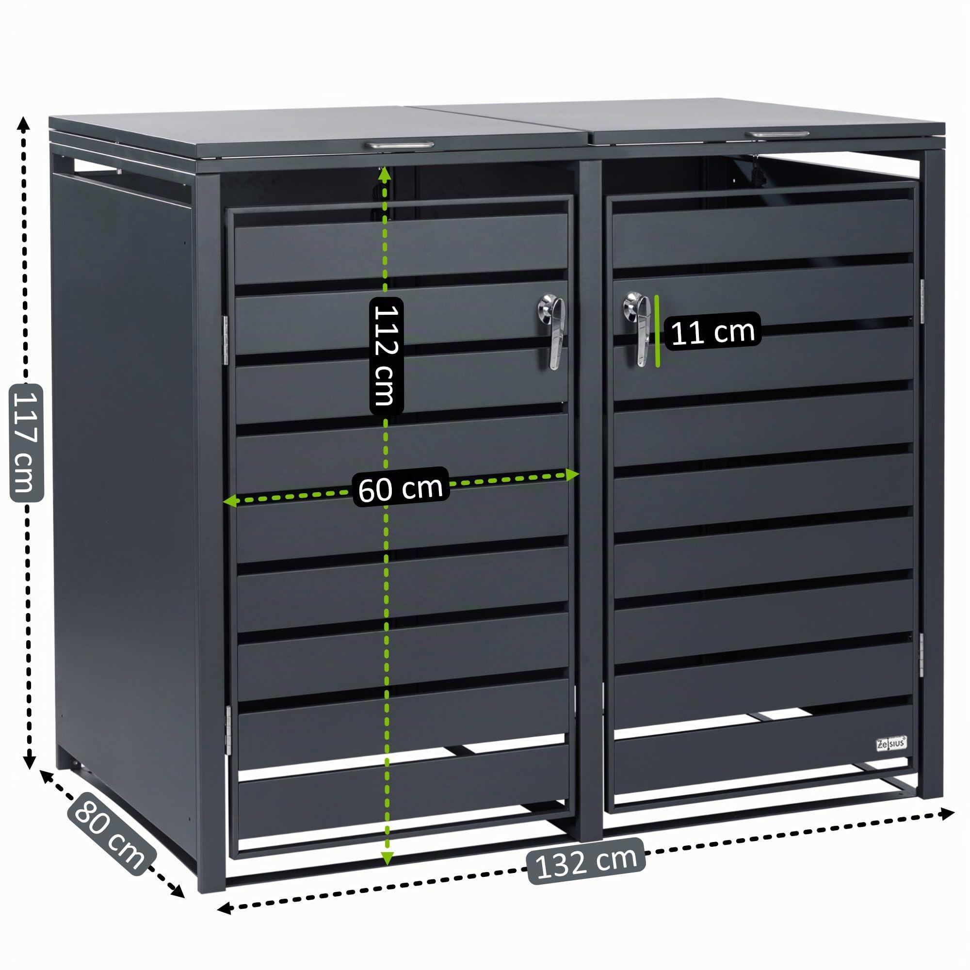 Zelsius Mülltonnenbox 2er Mülltonnen | (B) 132 x (T) 80 x (H) 117 cm | Anthrazit RAL7016 | inkl. Erweiterungsmöglichkeit | Mülltonnenverkleidung, Garten Müllbox, Aufbewahrungsbox für Mülltonnen