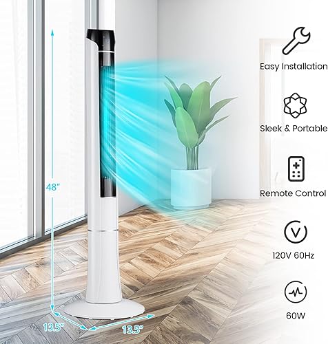 Miniatura 5 de Tangkula Ventilador de torre de 48 pulgadas con control remoto, ventilador de torre silencioso sin aspas con 3 velocidades, 3 modos, temporizador de
