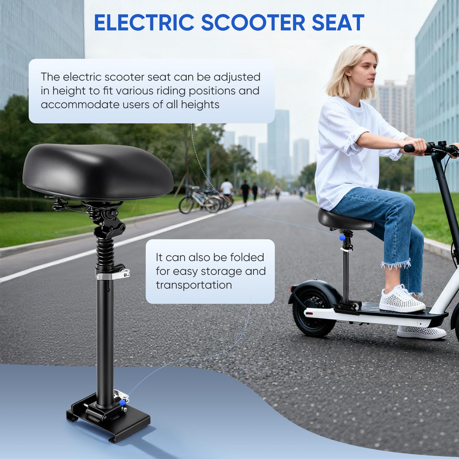 Asiento para patinete eléctrico de 13 cm a 19 cm, asiento de scooter eléctrico para adultos, bordes curvos, tablas de pies de 55 – 68 cm, altura ajustable, plegable, patinete para adultos e accesorios