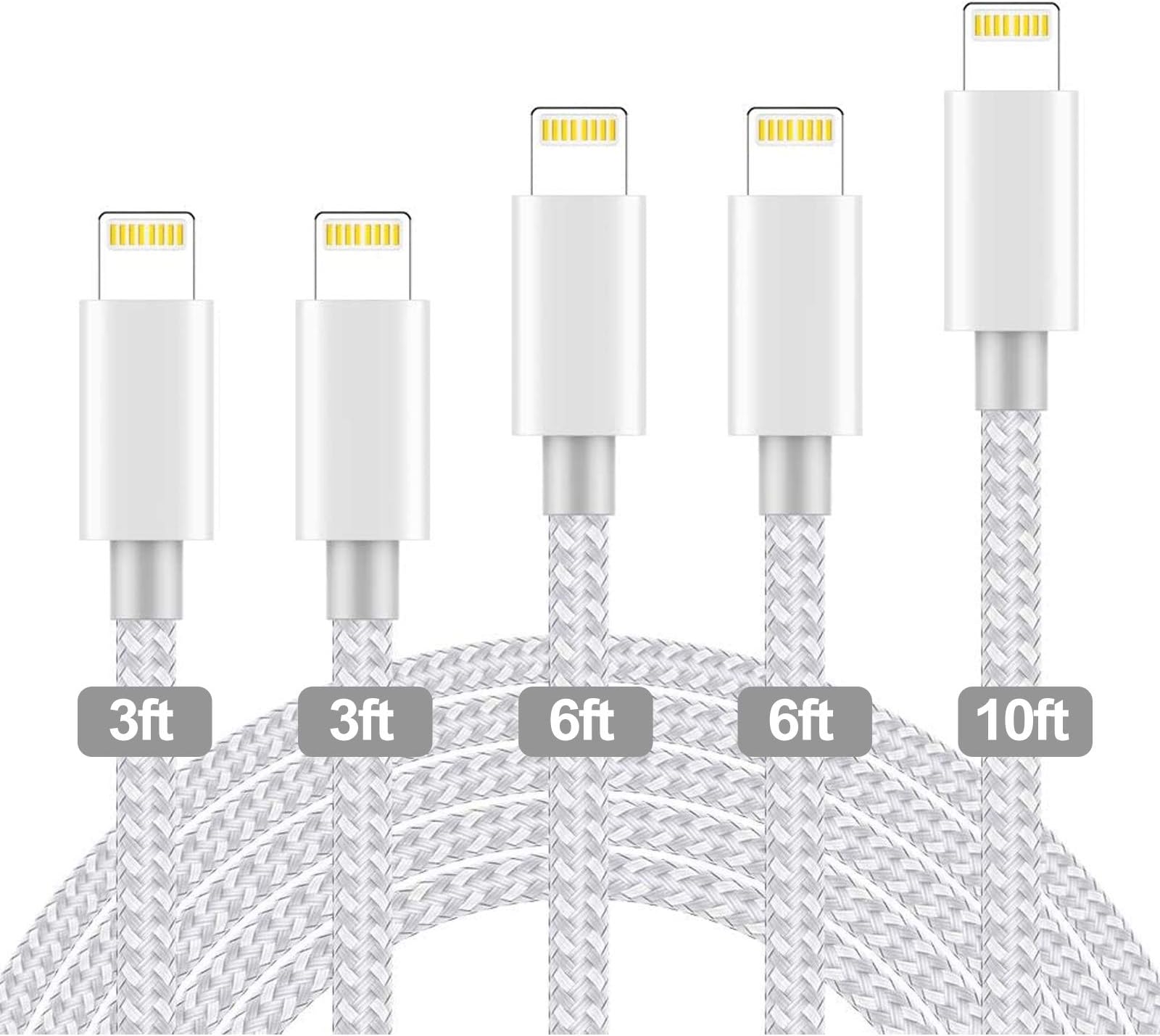 CNANKCU Phone charger Cable Mfi Certified 5 Pack[3/3/6/6/10FT] Extra Long Nylon Braided USB Charging & Syncing Cord Compatible with iPhone11/ Xs/Max/XR/X/8/8Plus/7/7Plus/6S/5S Plus/Nan More