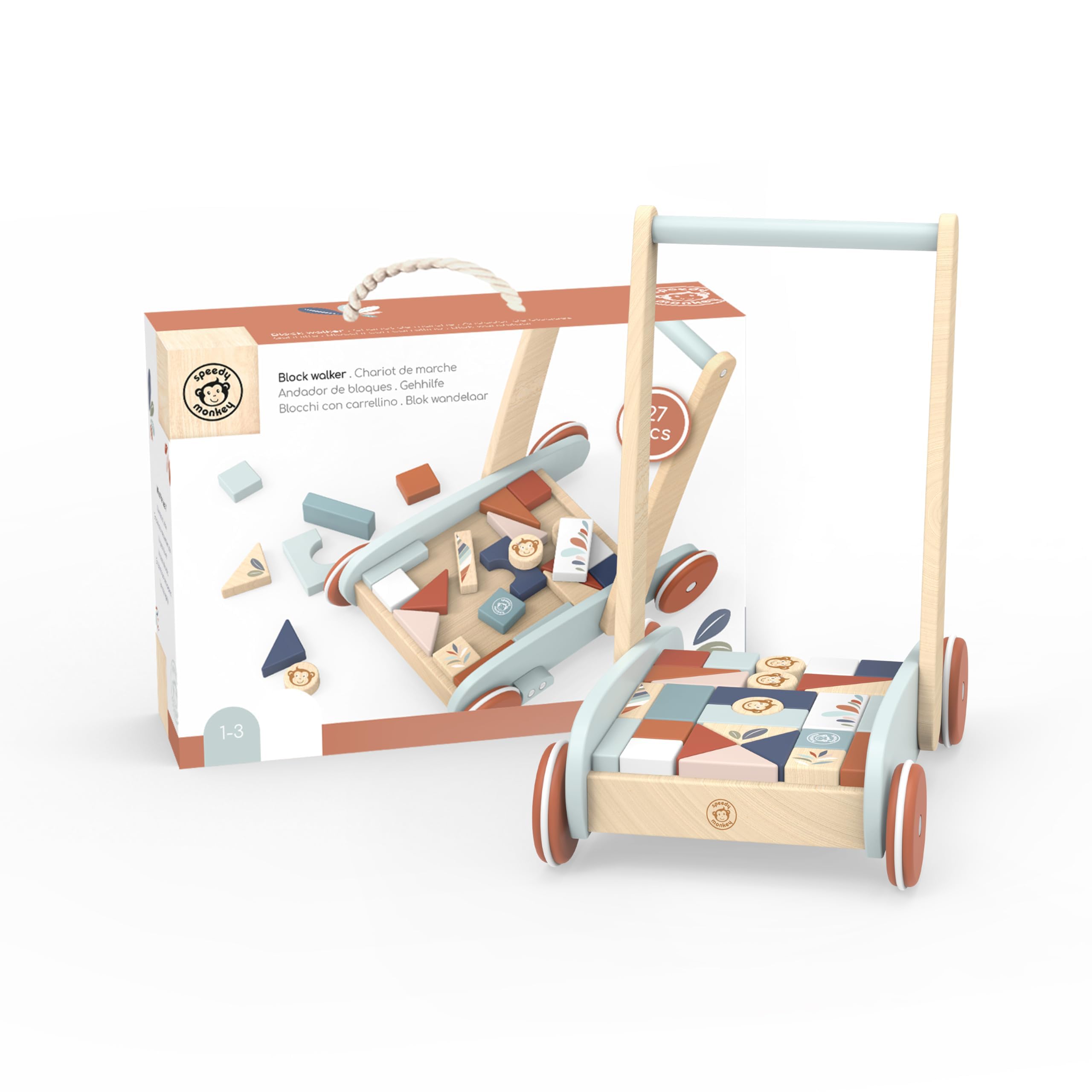 Speedy Monkey Baby Walker with 27 Colourful Wooden Blocks – FSC Certified | Non-Toxic | Stacking Fun Wooden Toys For Boys & Girls | Perfect 1 Year Old Boy Toys & Toys For 1 Year Old Girls