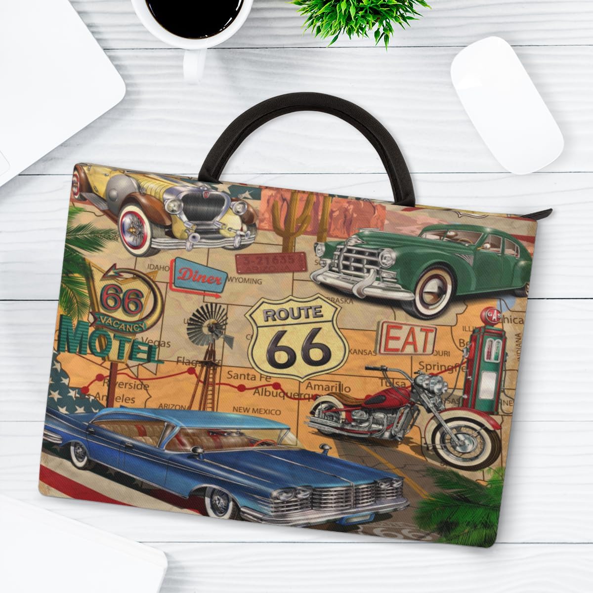 Retro Car Themed Poster Laptop Sleeve 15.6 Inch Durable Waterproofing with Handle Portable Laptop Case Compatible with Asus HP Dell Lenovo Notebooks
