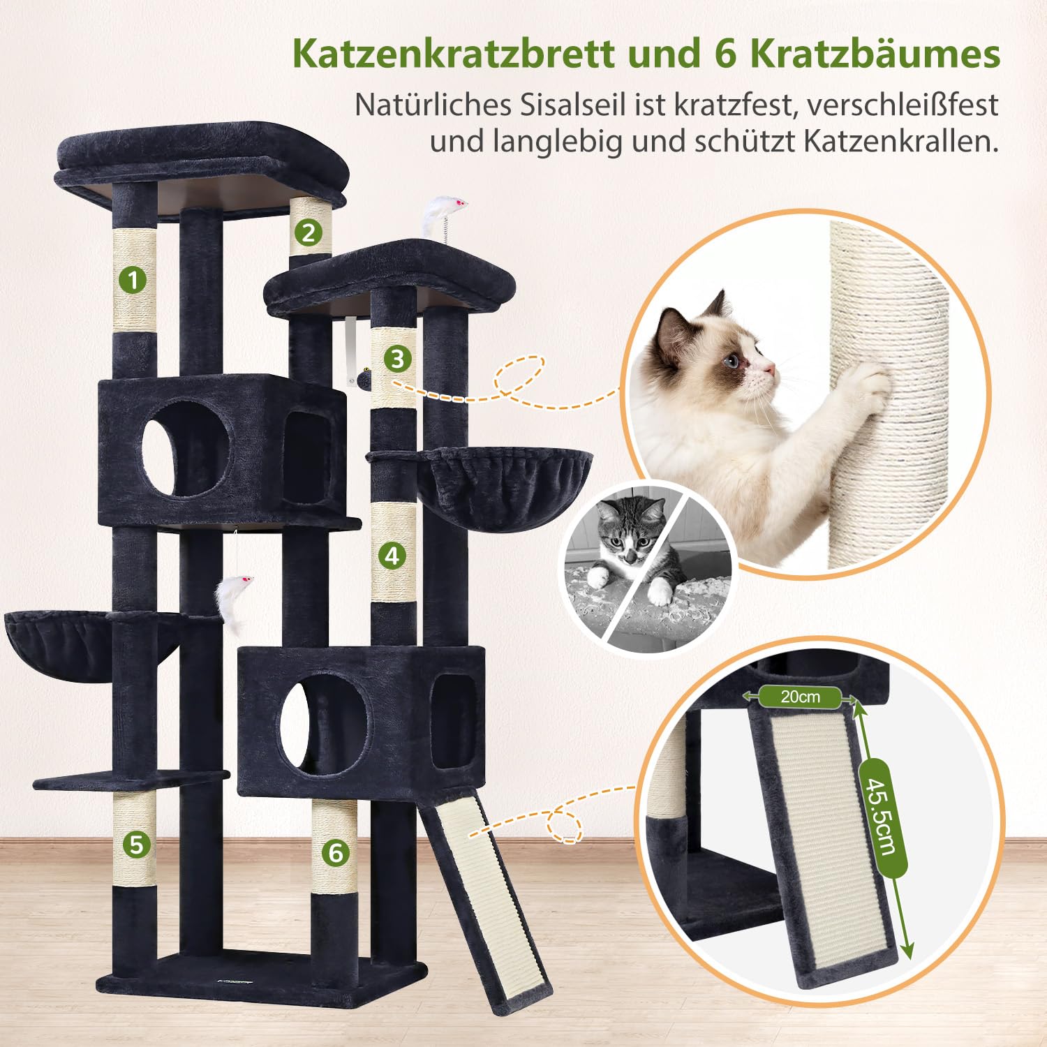 Globlazer S72E Kratzbaum Groß XXL hoch 180 cm für 2-6 Große Katzen Breit | Stabil Katzenbaum mit mit 2 Groß Plattformen, 2 Katzenhaus, 2 Korb, Sisal Kratzbrett, für Groß Katze Ausruhen Spielen Kratzen