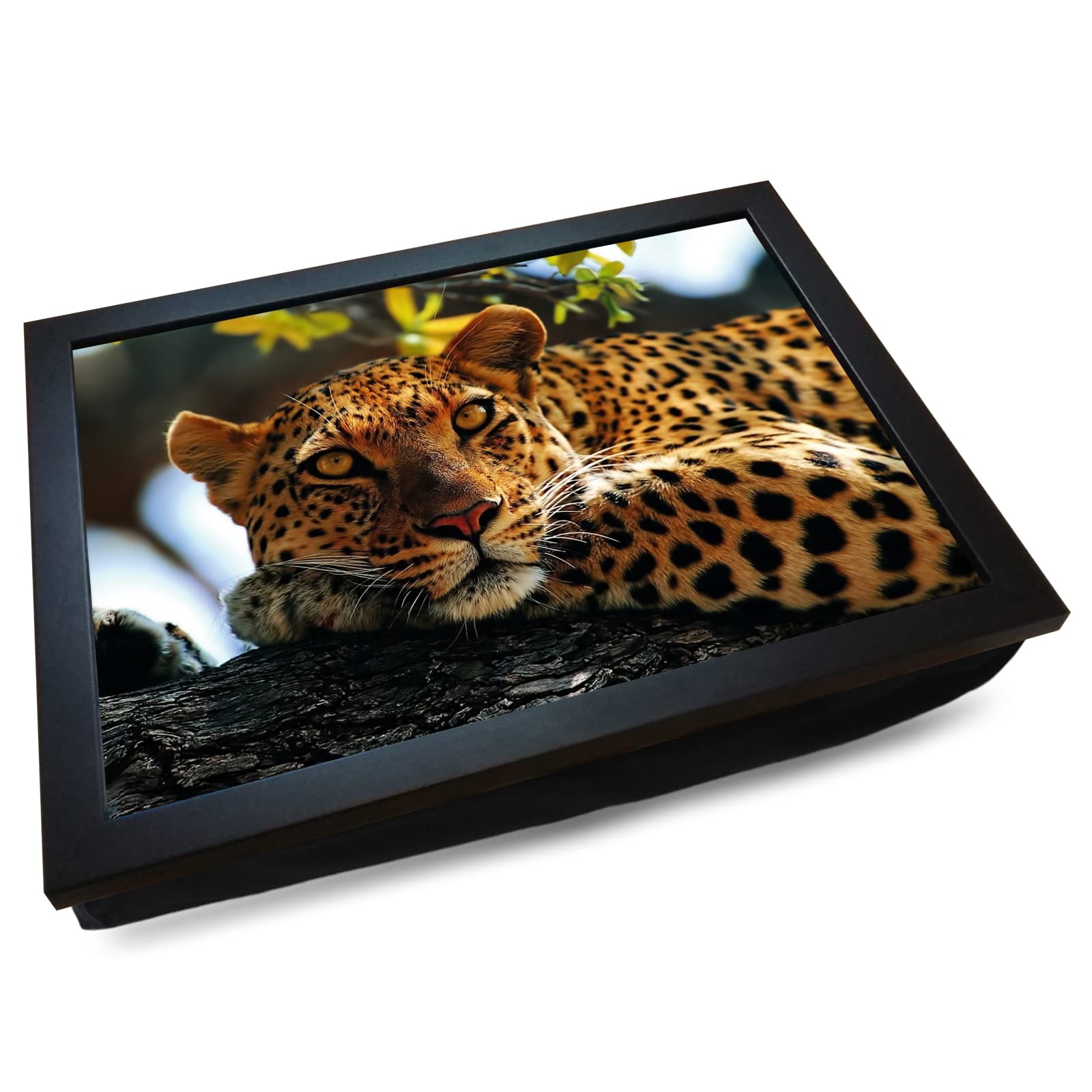 Mooki Black Deluxe Cushioned Photo Lap Tray | Leopard | Wooden Frame | Bean Bag Cushion Base | #In