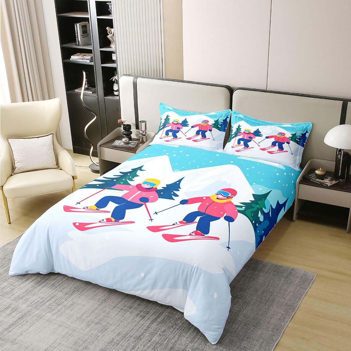 Homewish Sporty narciarskie podwójna pościel miłośnicy nart sporty ekstremalne bawełna poszewka na kołdrę zestaw dla dzieci dzieci chłopców dziewcząt narciarstwo motyw poszwa na kołdrę śnieg góry