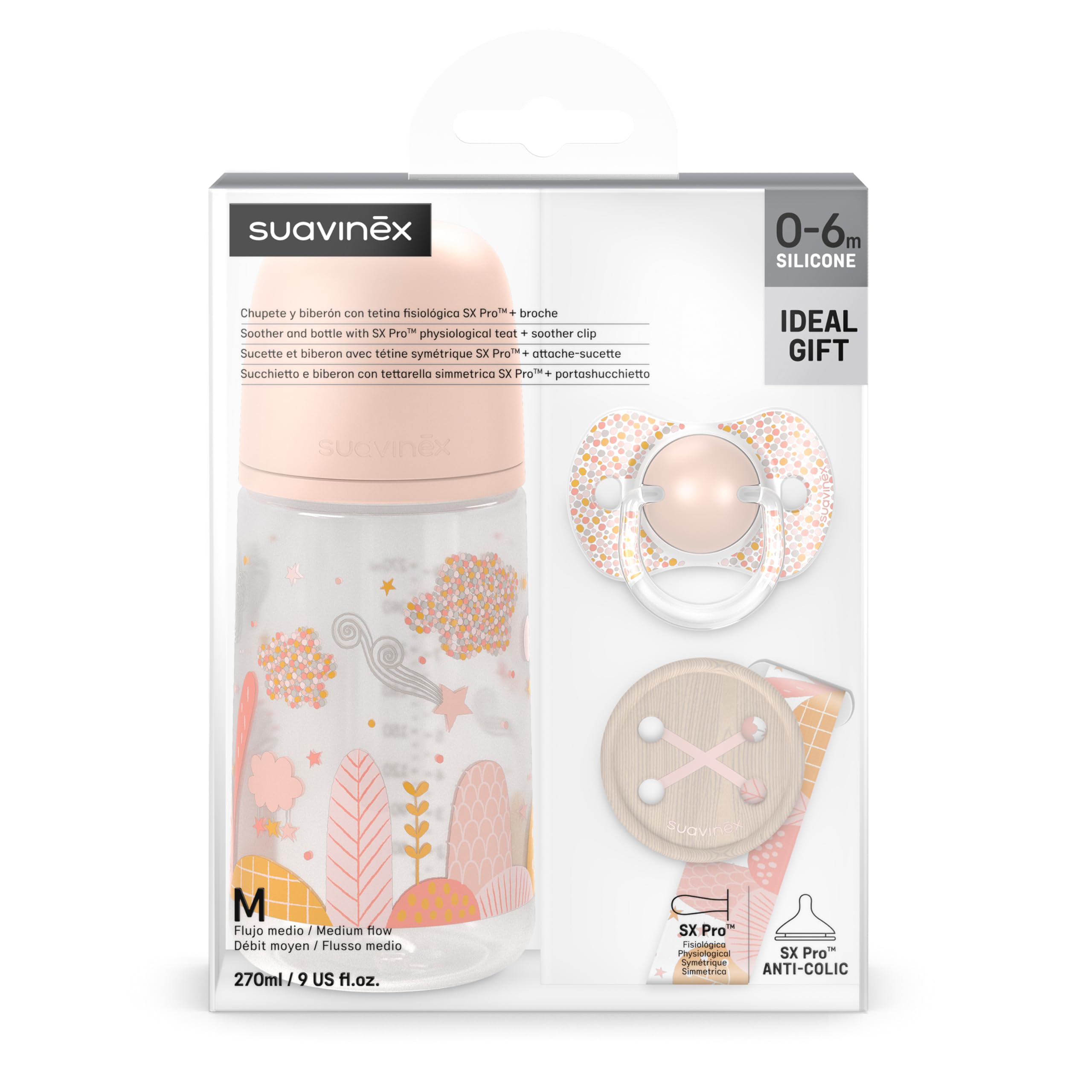 Suavinex Set Regalo Neonato, Regalo Bimbo con Biberon 270 ml Flusso Medio, M, Ciuccio 0/6 Mesi e Catenella Porta Ciuccio in Tessuto, per Bambini 0/6 Mesi, Tettarelle in Silicone Sx Pro, Dreams Rosa