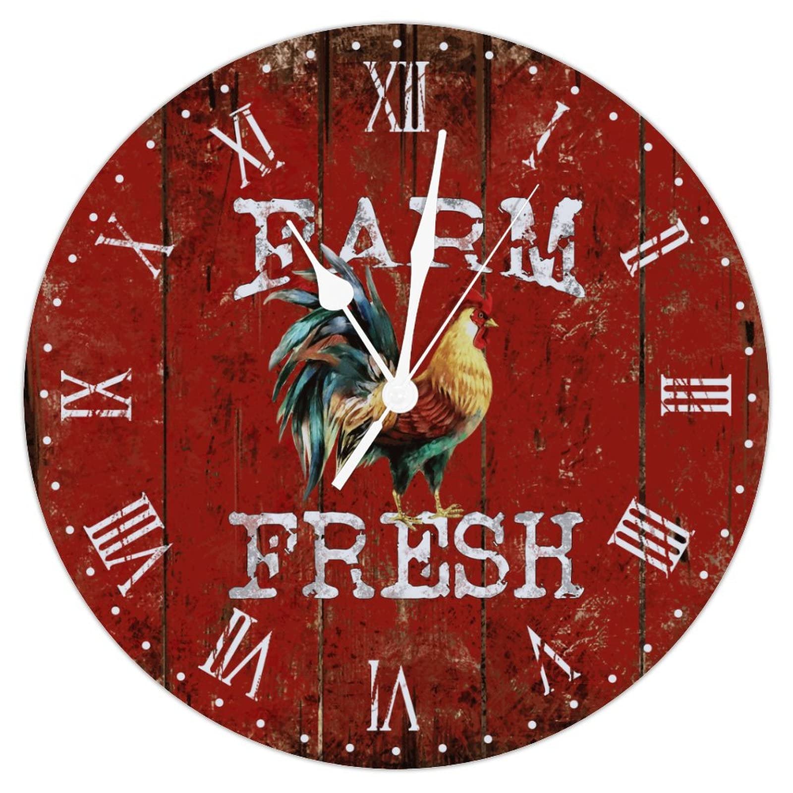 Horloge murale poule rustique en bois de 30 cm silencieuse pour décor rétro