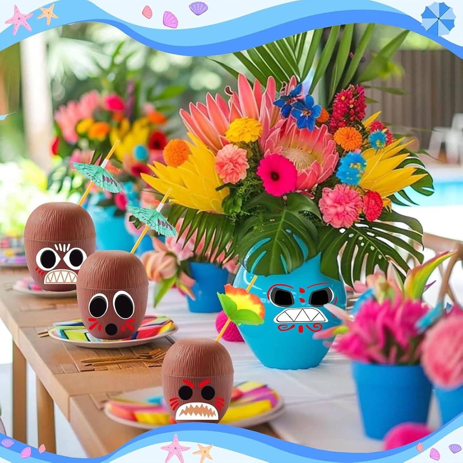 Haundry 12 Pack Coconut Cups with Straws Cocktail Picks and 12 Stickers, DIY Hawaiian Cups Tropical Luau Tiki and Beach Party Decoration - Image 5